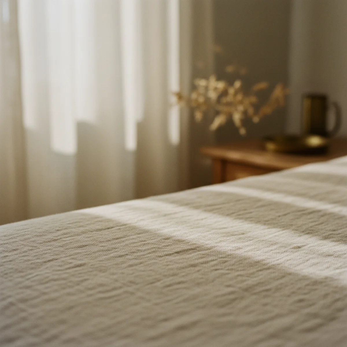 Best linen bedding — bed with undyed cream linen sheets, oat duvet cover, and terracotta pillowcases showing the layered earth-tone palette with maximum color longevity in a warm bedroom — Home Decor Aura