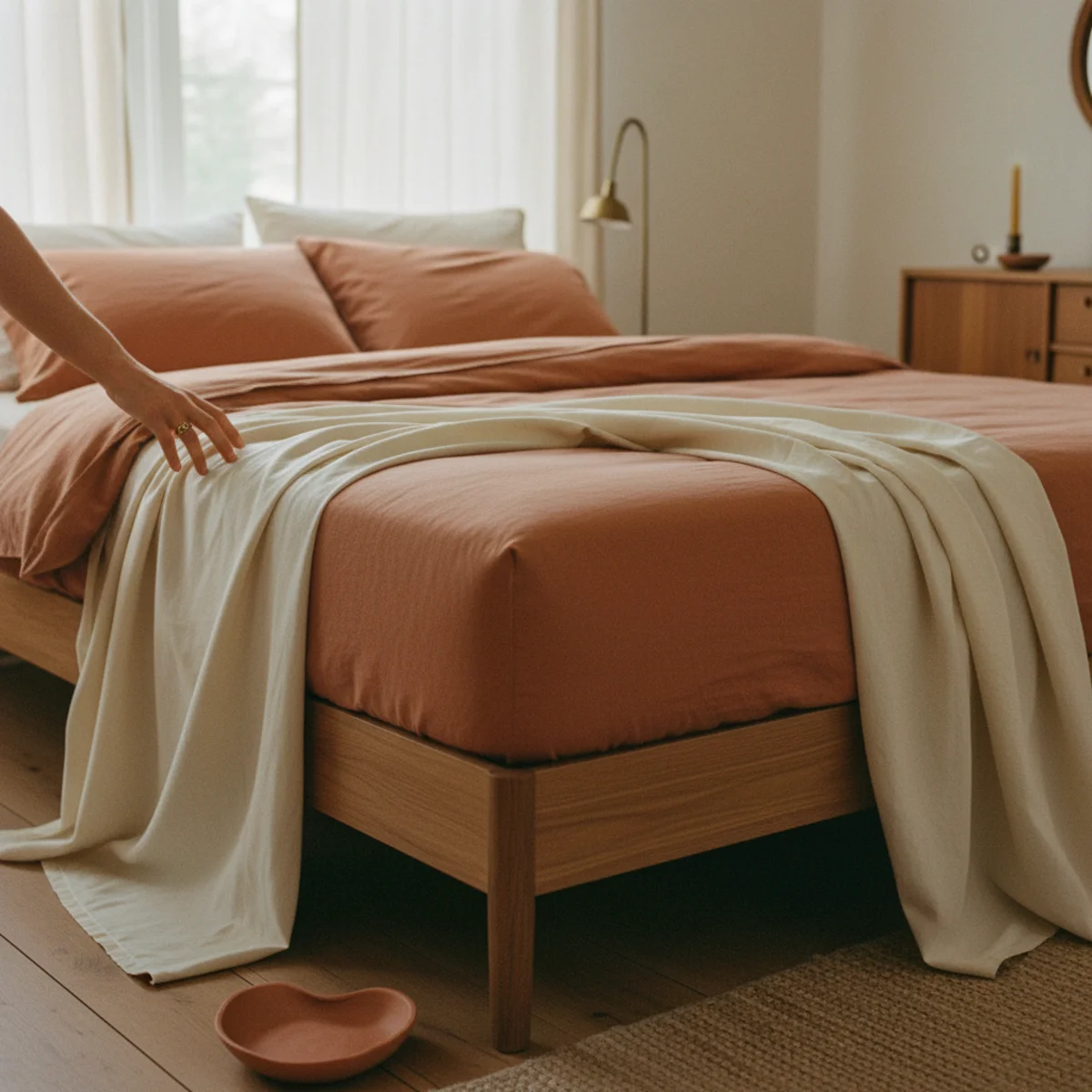 Best linen bedding — bed with generously sized linen duvet cover showing substantial drape over edges, oversized pillowcases with slight overhang past pillows in a warm bedroom — Home Decor Aura