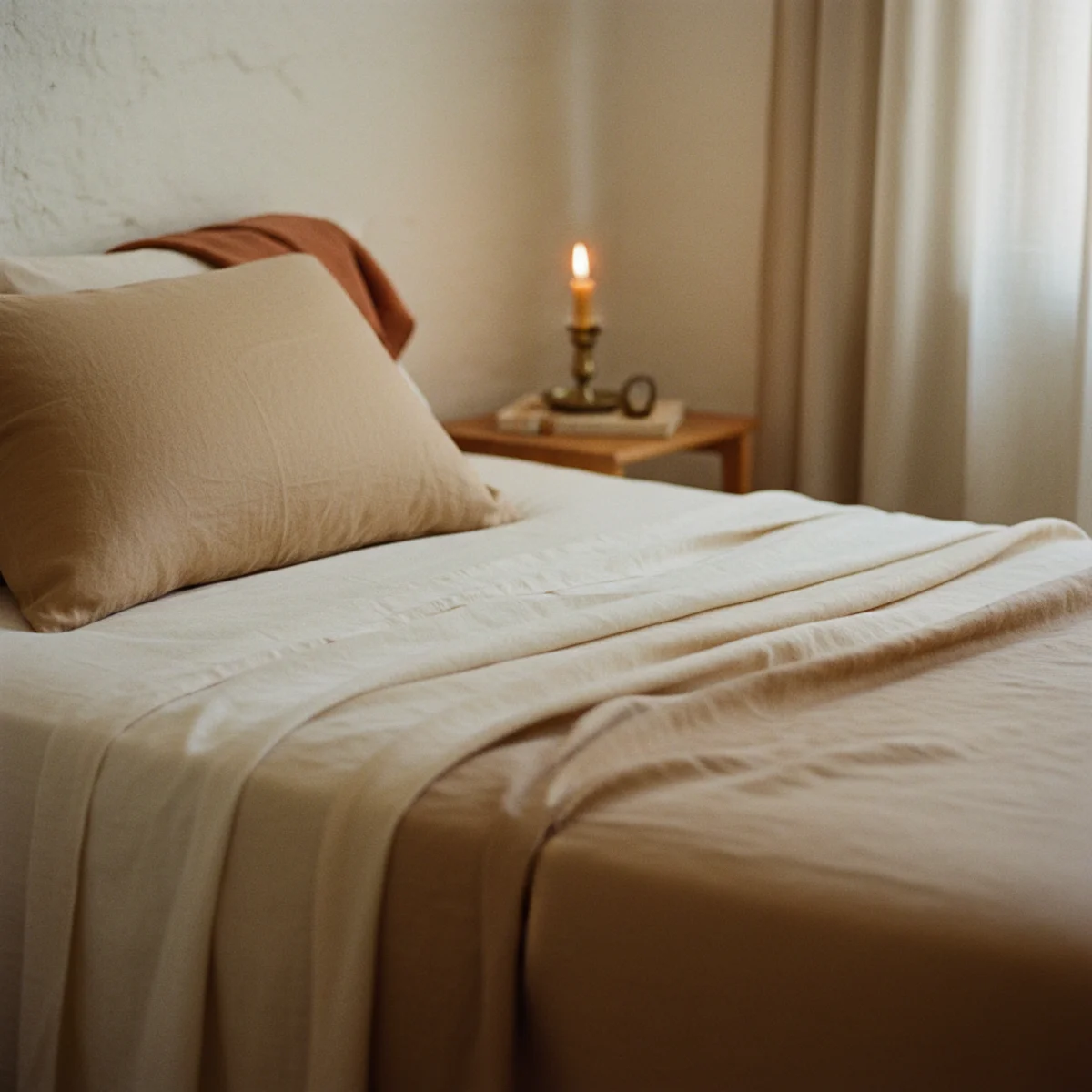 Best linen bedding — bed showing mix-and-match strategy with cream fitted sheet, oat flat sheet, terracotta duvet cover, and sage pillowcases creating layered warm earth-tone variation in a warm bedroom — Home Decor Aura