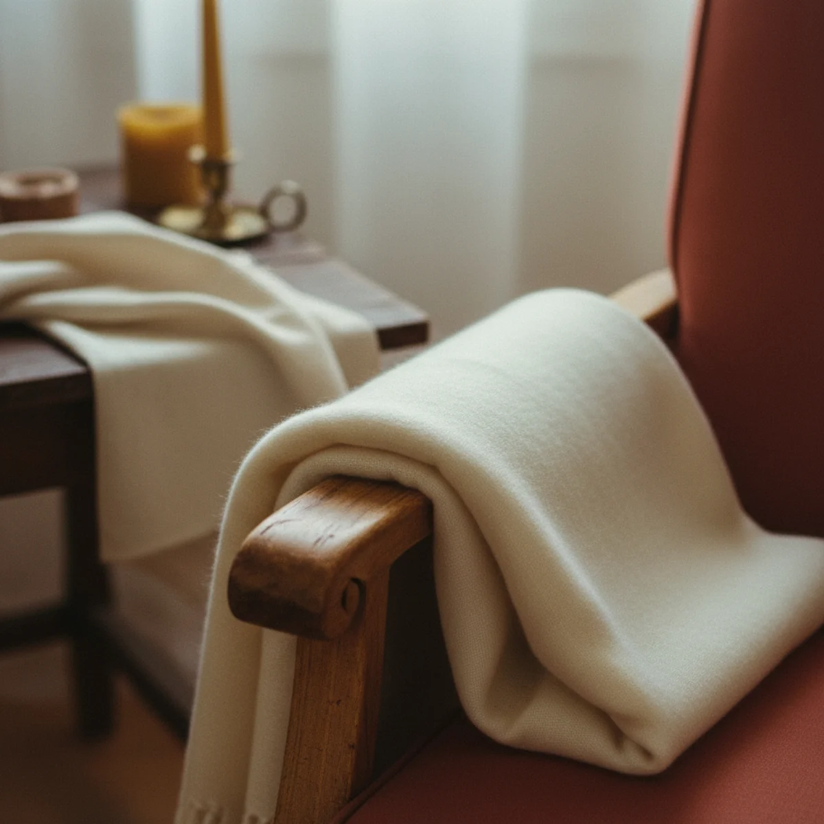 Best wool throws — cream merino wool throw draped over the back of a sofa in a warm cozy living room showing the all-rounder fiber that works for most households — Home Decor Aura
