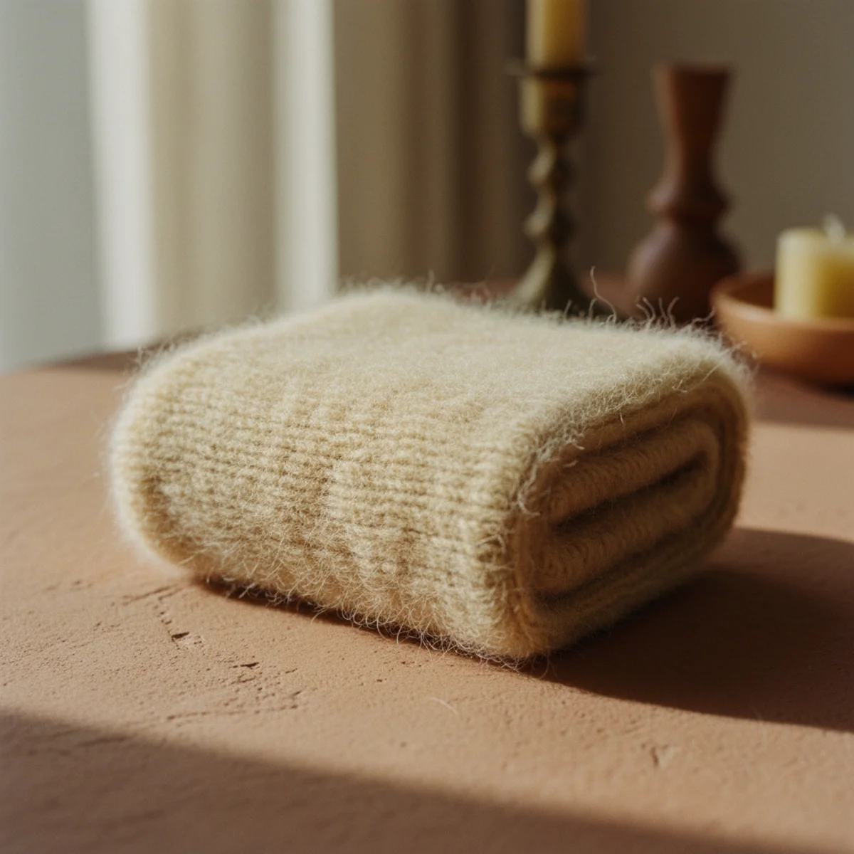 Best wool throws — cream mohair-merino blend throw with distinctive fluffy halo appearance draped diagonally over an armchair in a warm cozy living room — Home Decor Aura