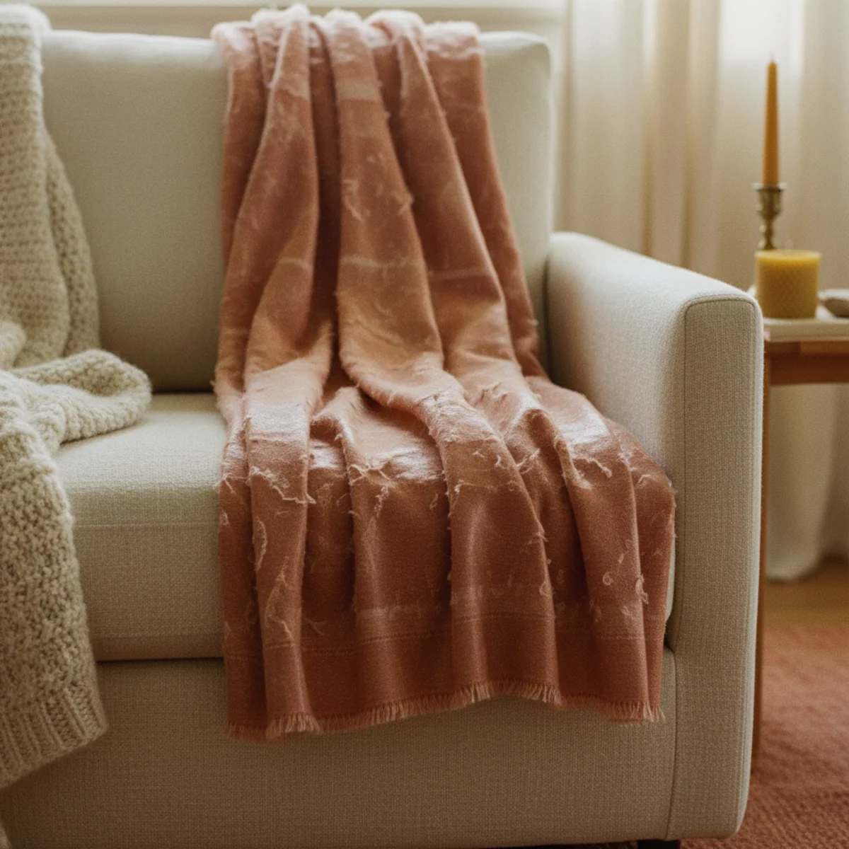 Best wool throws — comparison showing acrylic throw rejected with red X versus thrifted 100% wool throw as the better budget alternative at similar price — Home Decor Aura