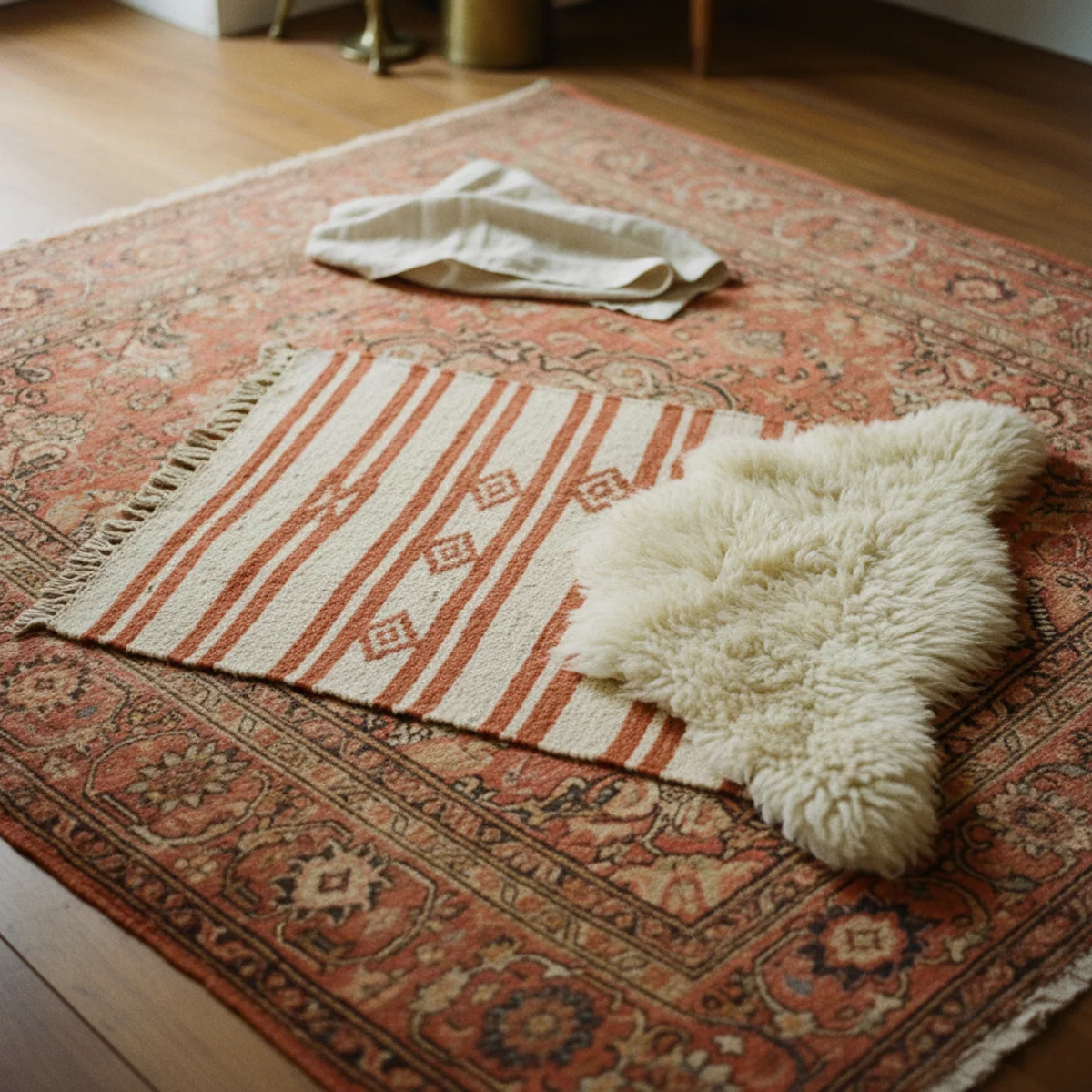 Warm boho decor — layered rugs showing vintage Persian carpet base with Moroccan kilim layered on top and sheepskin accent at one corner in a warm boho living room — Home Decor Aura