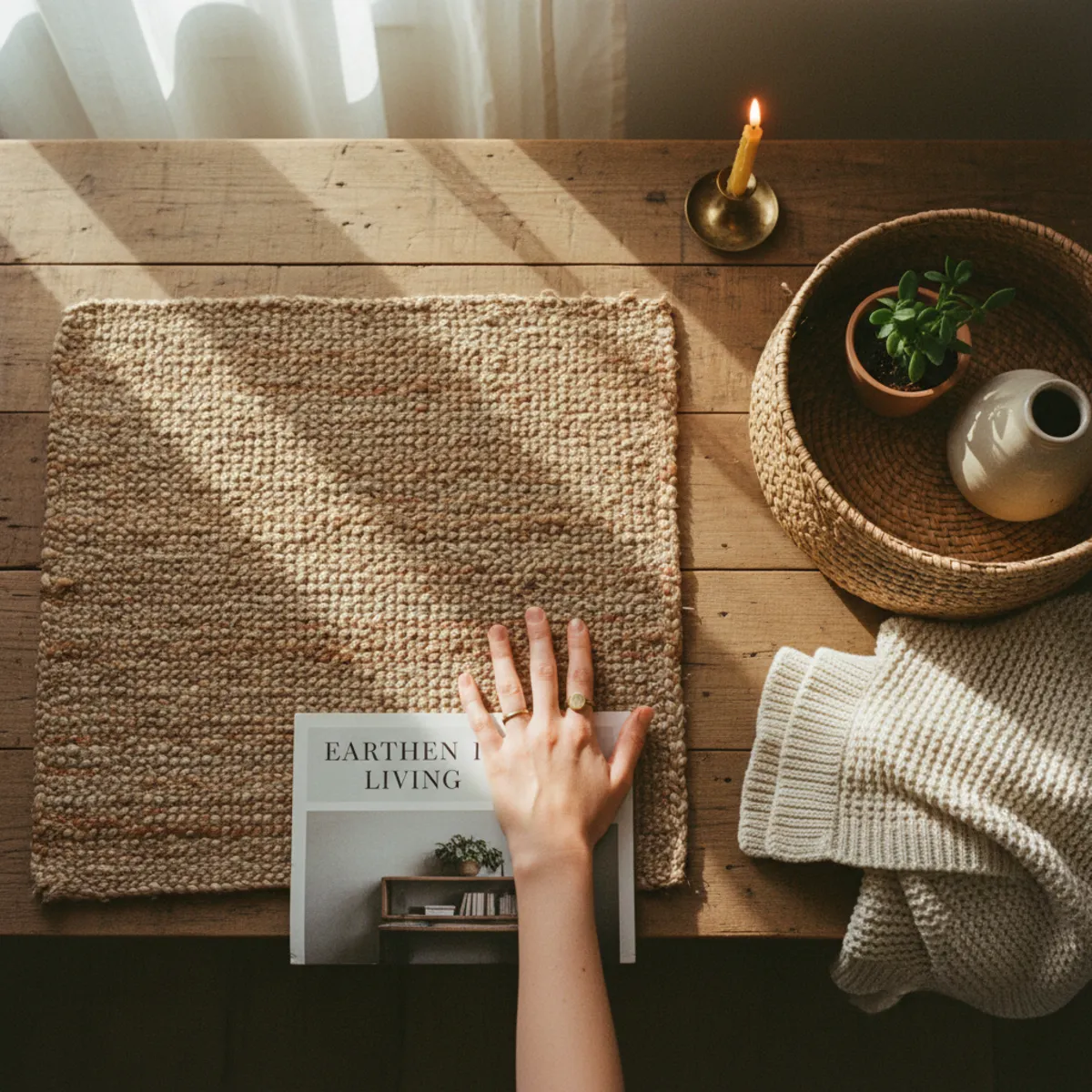 Warm boho decor — room detail showing natural fiber surfaces including jute rug, cotton textile, rattan basket, terracotta pot, wooden shelf, and ceramic vessel — all natural materials — Home Decor Aura