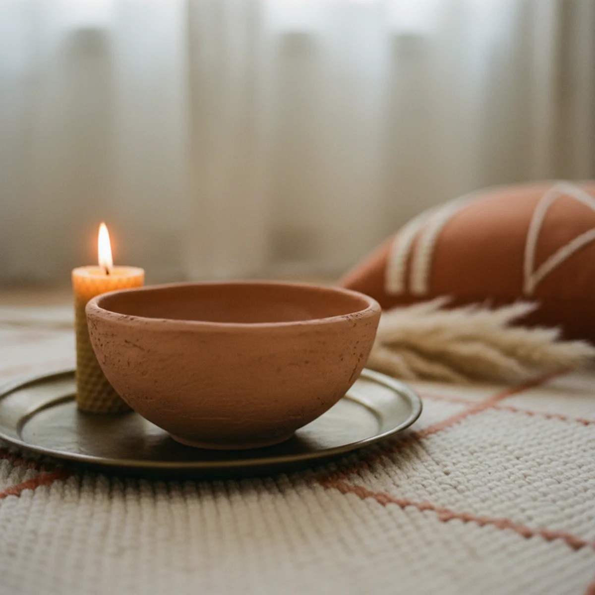Warm boho decor — warm boho room annotated showing the terracotta color thread running through rug, pot, cushion, and ceramic as the single unifying element amid pattern variety — Home Decor Aura
