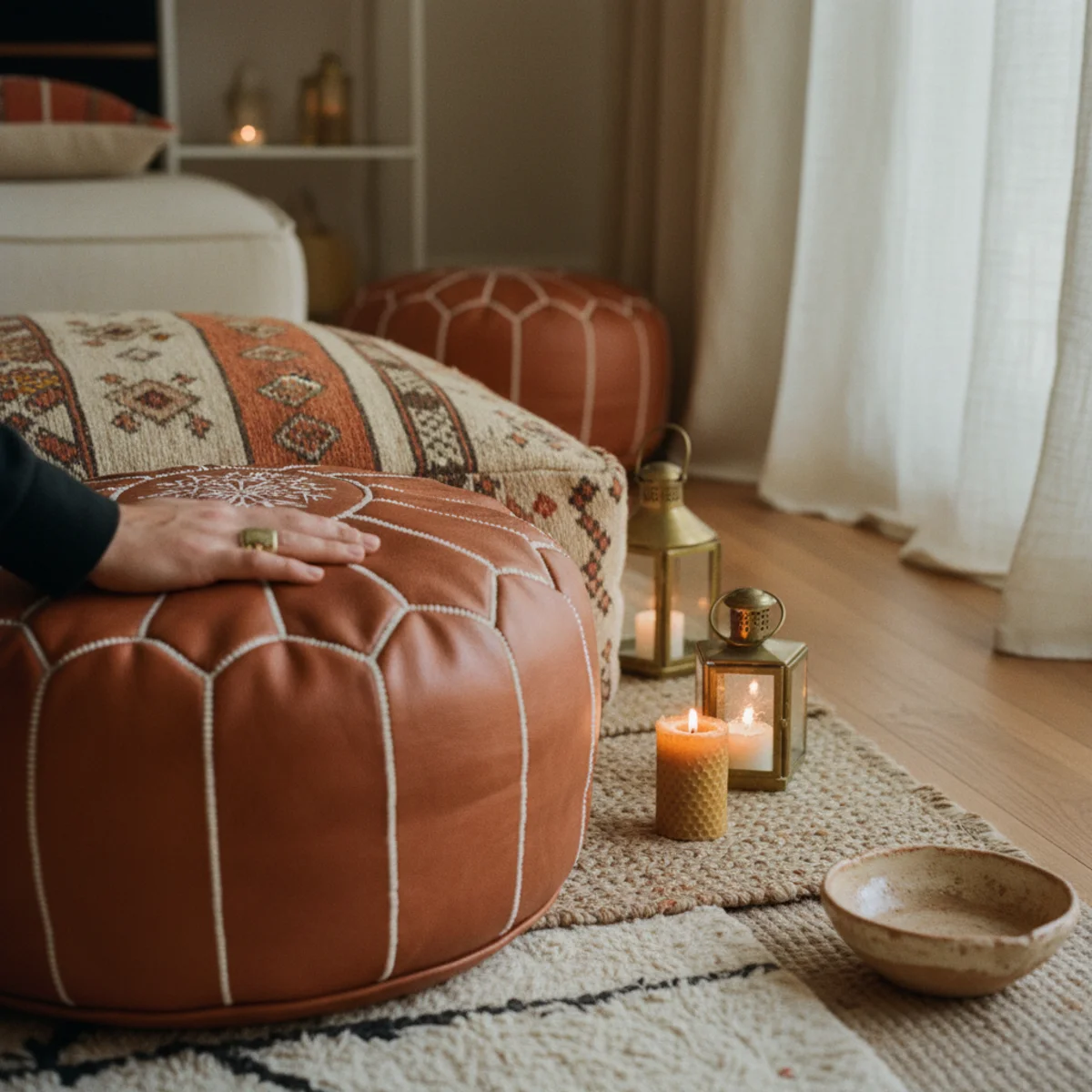 Warm boho decor — terracotta Moroccan leather pouf and large floor cushion in global textile on layered rugs at floor level in a warm boho living room — Home Decor Aura