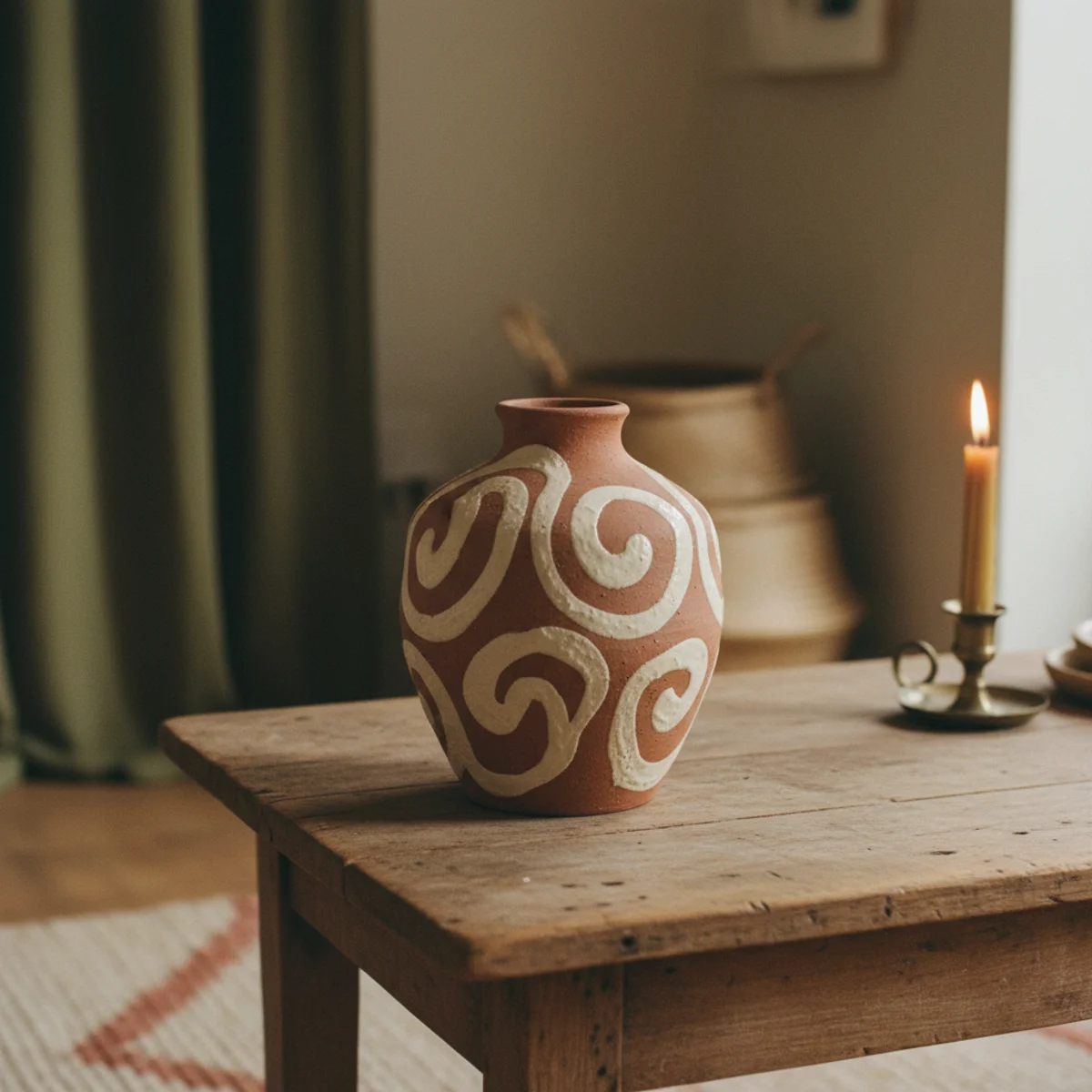 Warm boho decor — warm boho living room with terracotta accent wall, cream linen sofa, forest green cushions, and warm ochre throw showing the earthy warm boho palette — Home Decor Aura