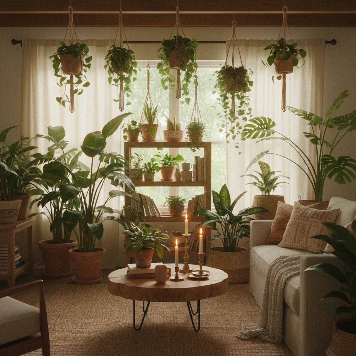 Warm boho decor — warm boho living room with monstera floor plant, multiple hanging pothos from ceiling hooks, shelf plants, and window plants showing genuine warm boho plant abundance — Home Decor Aura