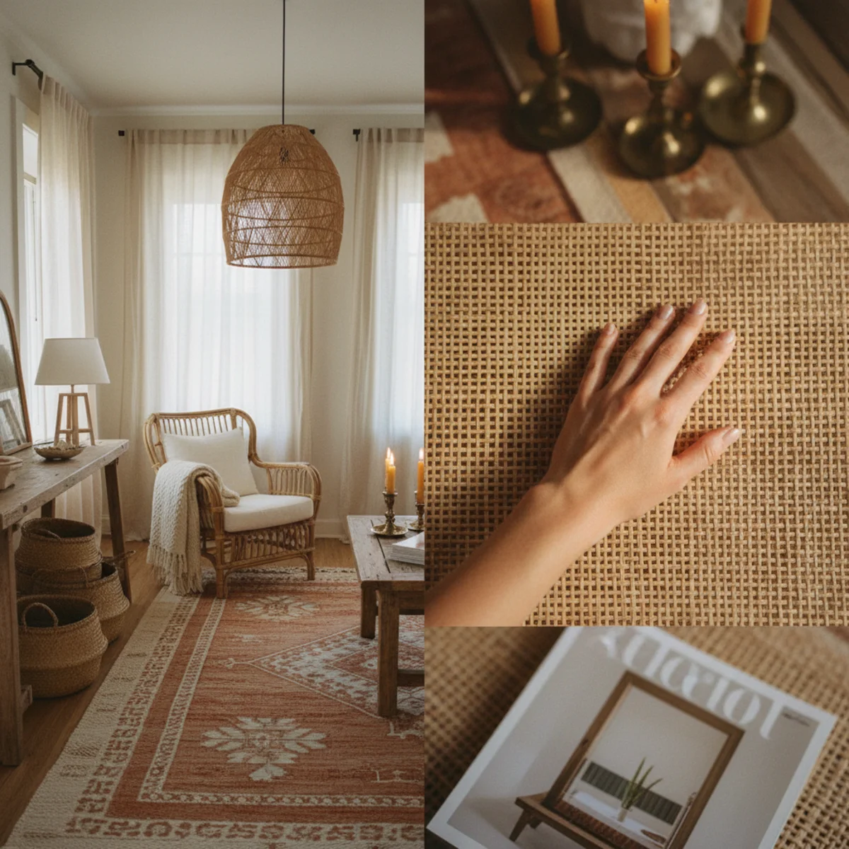 Warm boho decor — large woven rattan pendant light over low coffee table with wicker baskets, rattan chair, and plants in a warm boho room — Home Decor Aura