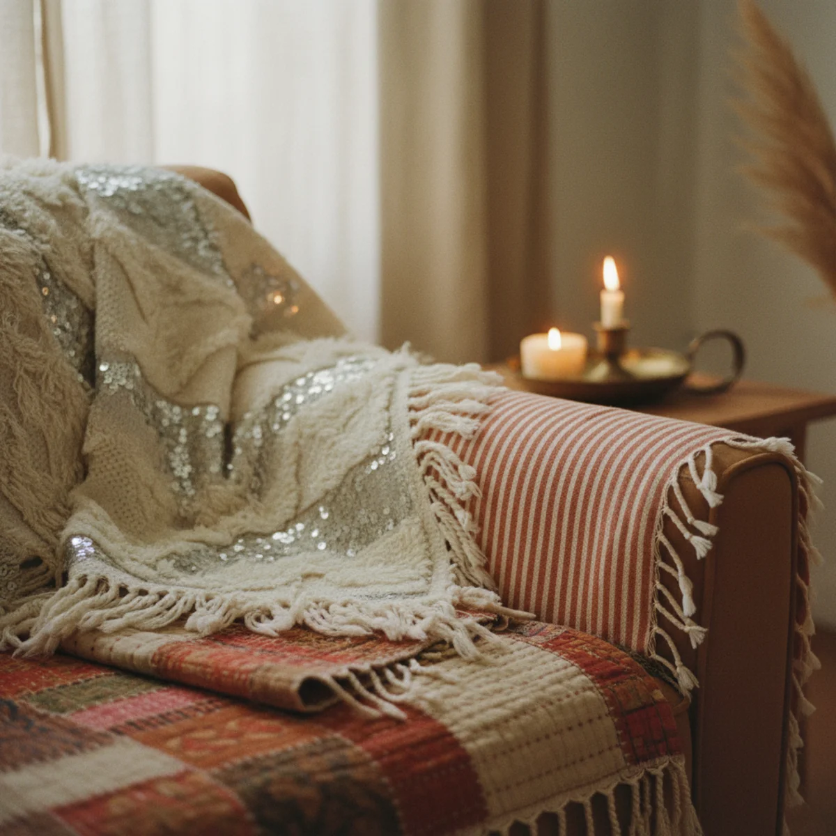 Warm boho decor — warm boho living room with Moroccan wedding blanket draped over sofa, kantha quilt on chair, and Turkish peshtemal as table runner showing globally-collected textile layers — Home Decor Aura