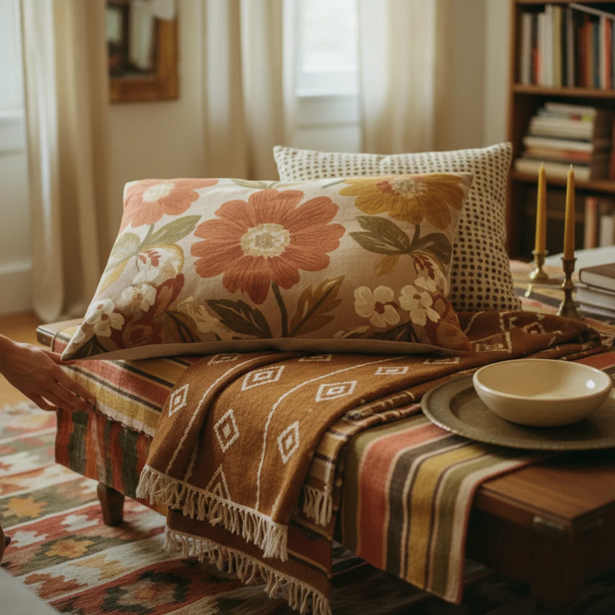 Warm boho decor — warm boho living room with kilim rug, floral cushion, tribal mud-cloth throw, Turkish stripe runner, and small print cushion all in terracotta-cream-forest-green palette — Home Decor Aura