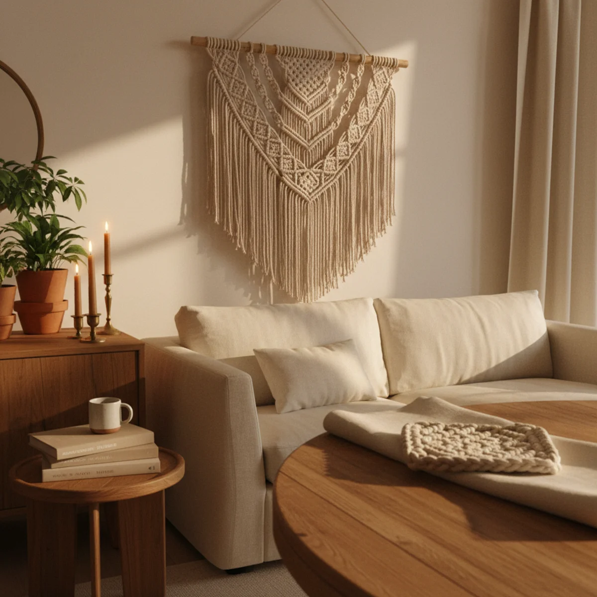 Warm boho decor — large natural cotton macramé wall hanging above a sofa in a warm boho room showing dimensional knotted texture and craft-investment warmth — Home Decor Aura