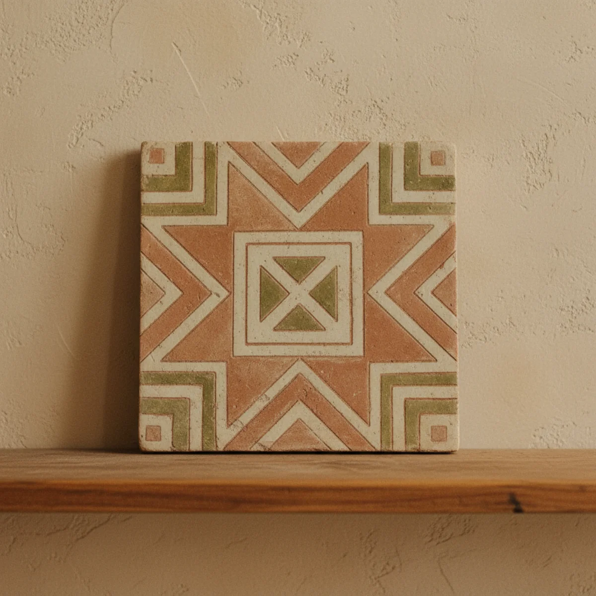 Warm boho decor — shelf in warm boho room with collected global objects including Moroccan ceramic, Indian brass bowl, Turkish tile, and Peruvian textile showing the global curiosity collection — Home Decor Aura