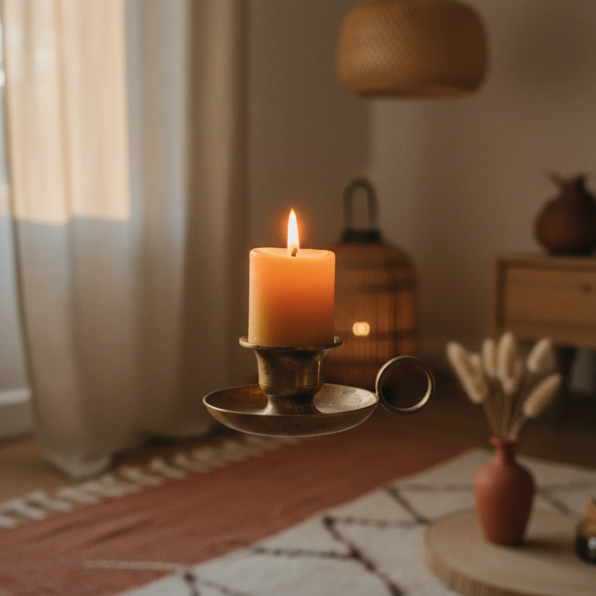 Warm boho decor — warm boho room at evening with rattan pendant dappling warm light, Moroccan lanterns on floor at rug level, and warm fairy lights draped over macramé — Home Decor Aura