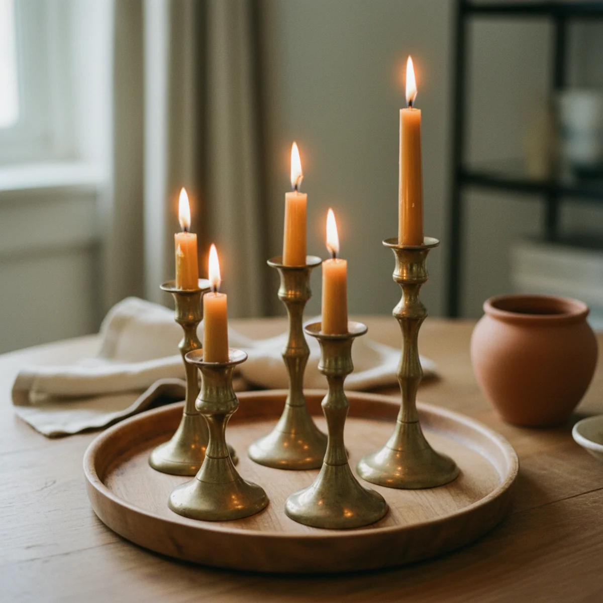 Candle styling — group of five candles at mixed heights including one tall pillar, two medium tapers in brass holders, and two short votives in glass jars arranged on a wooden tray — Home Decor Aura