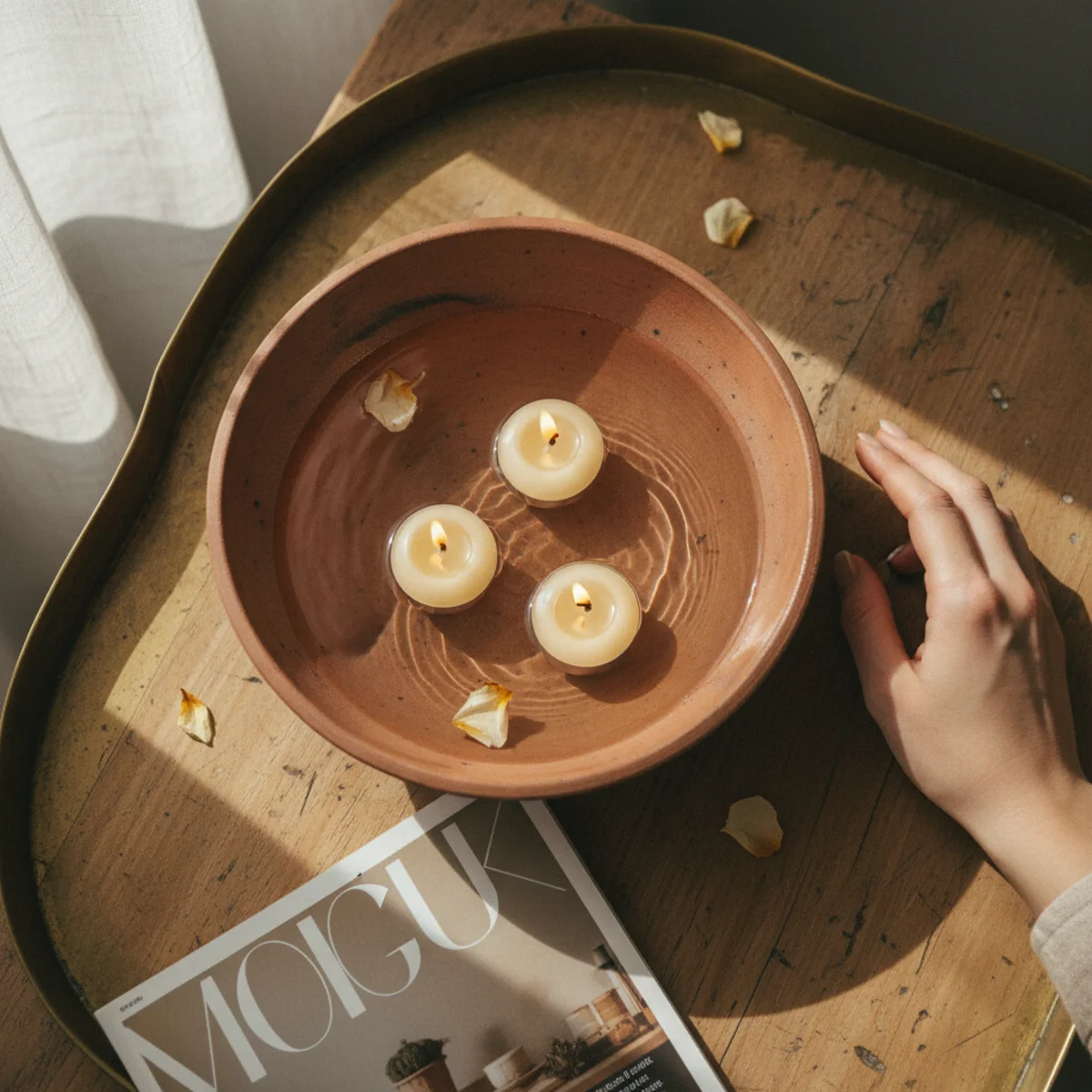 Candle styling — shallow glass bowl filled with water and four floating disc candles on a dining table with submerged river stones in a warm dining room — Home Decor Aura