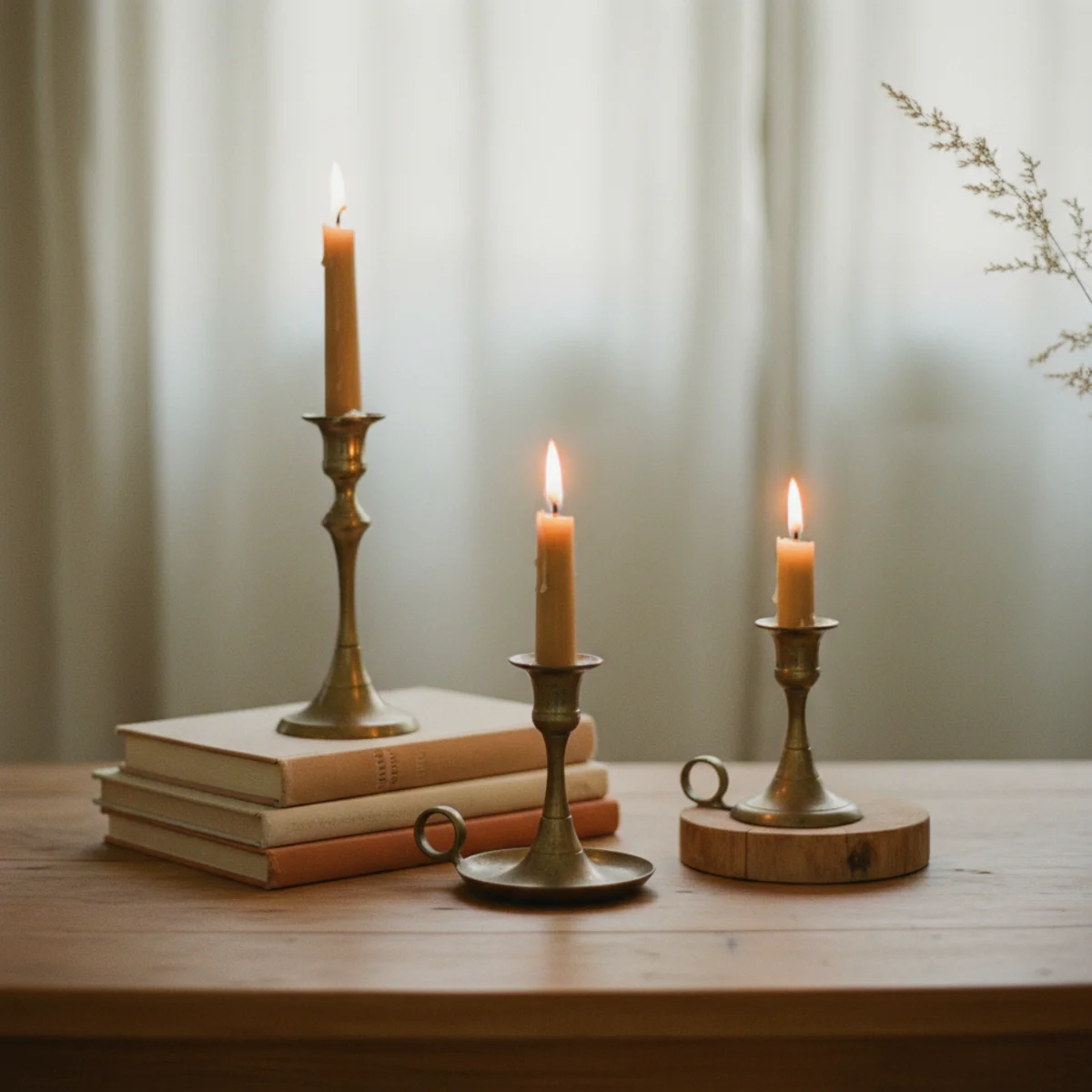 Candle styling — mantel display with candle holders raised on book stack, vintage wooden box, and small marble block creating layered vertical staging on a warm mantel — Home Decor Aura