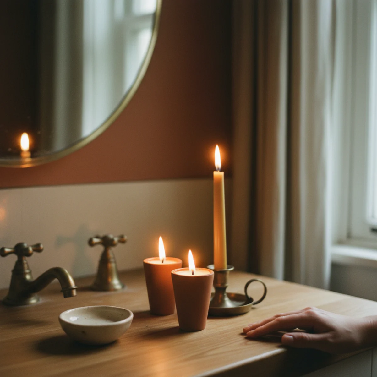 Candle styling — cluster of four scented candles including pillars and votives on bathroom counter beside the bathtub creating spa-bath atmosphere in a warm bathroom — Home Decor Aura