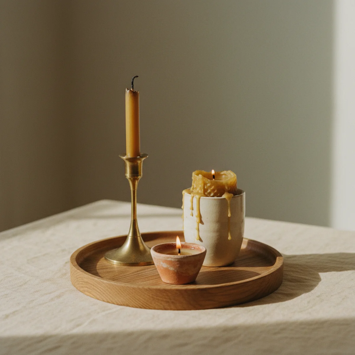 Candle styling — five candles arranged on a walnut wooden tray with small ceramic vessel and pinecone tucked between candles on a coffee table — Home Decor Aura