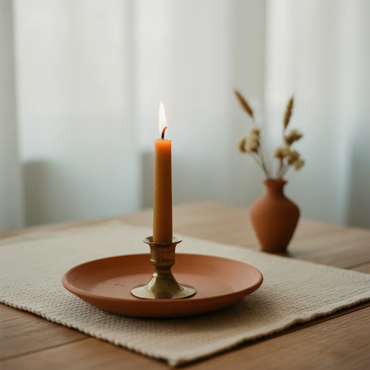 Candle styling — pure beeswax taper candles in vintage brass holders showing the natural honey color and warm flame on a wooden tray — Home Decor Aura