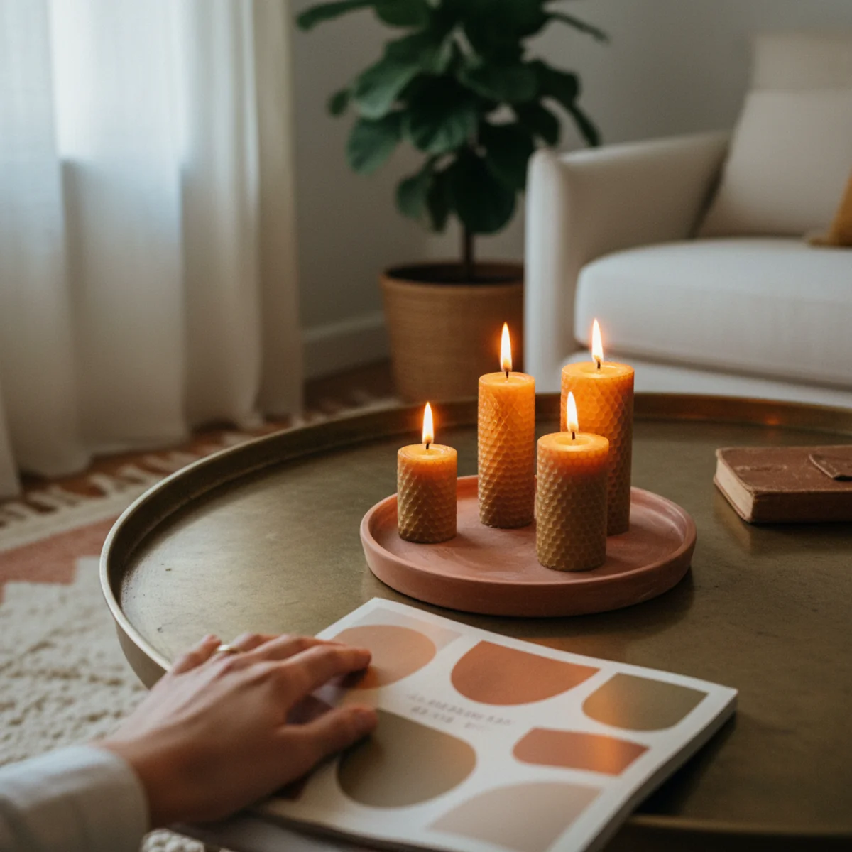 Candle styling — candle group at 28 inches above floor on coffee table well below seated eye level creating atmospheric warm pooled light without competing with vision — Home Decor Aura