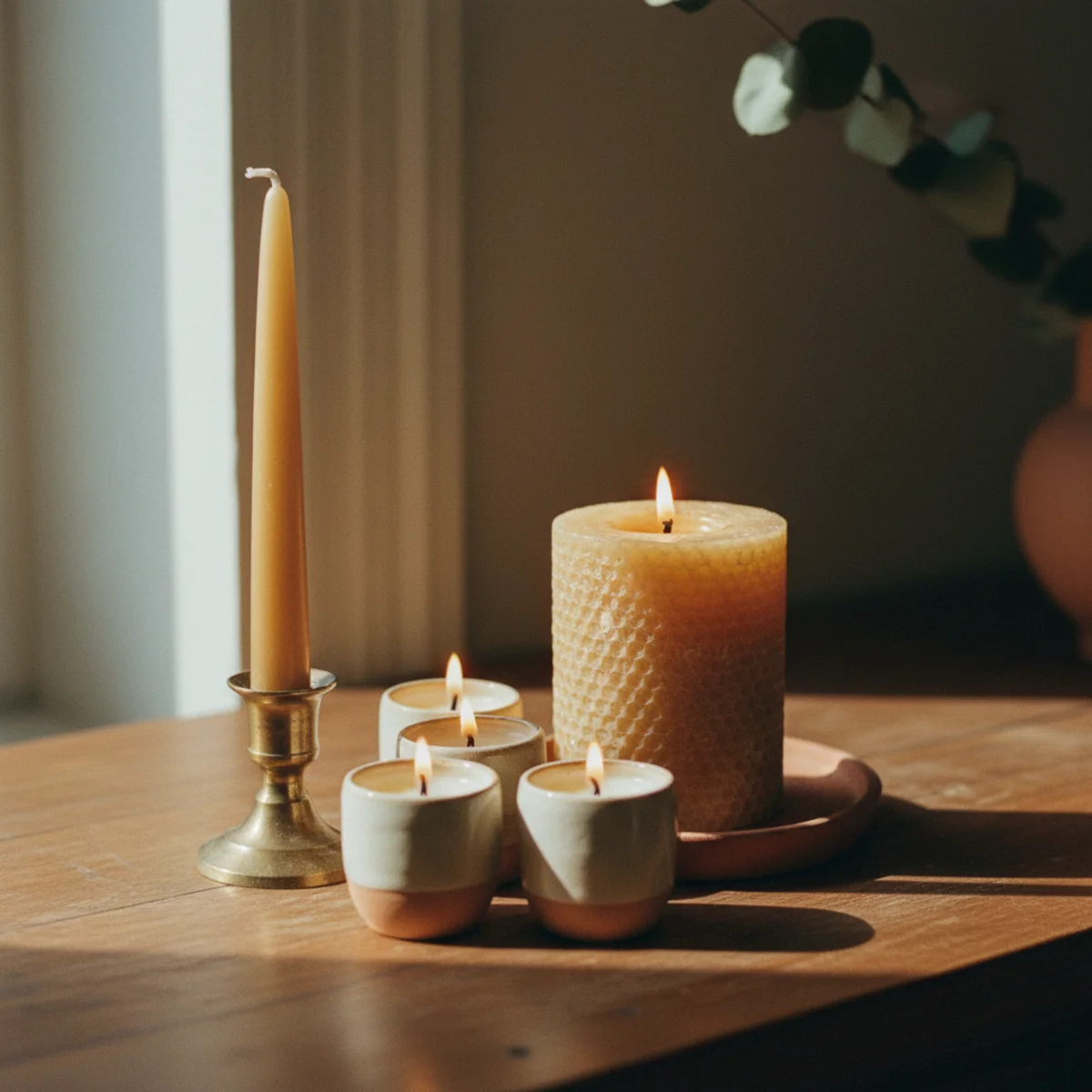 Candle styling — composition with three tapers in brass holders, two pillars, and four votives in glass jars arranged on a wooden tray showing mixed candle types — Home Decor Aura