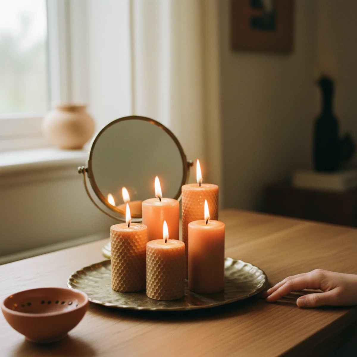 Candle styling — five candles on a dining table with framed mirror on wall behind doubling the visible candle count through reflection in a warm dining space — Home Decor Aura