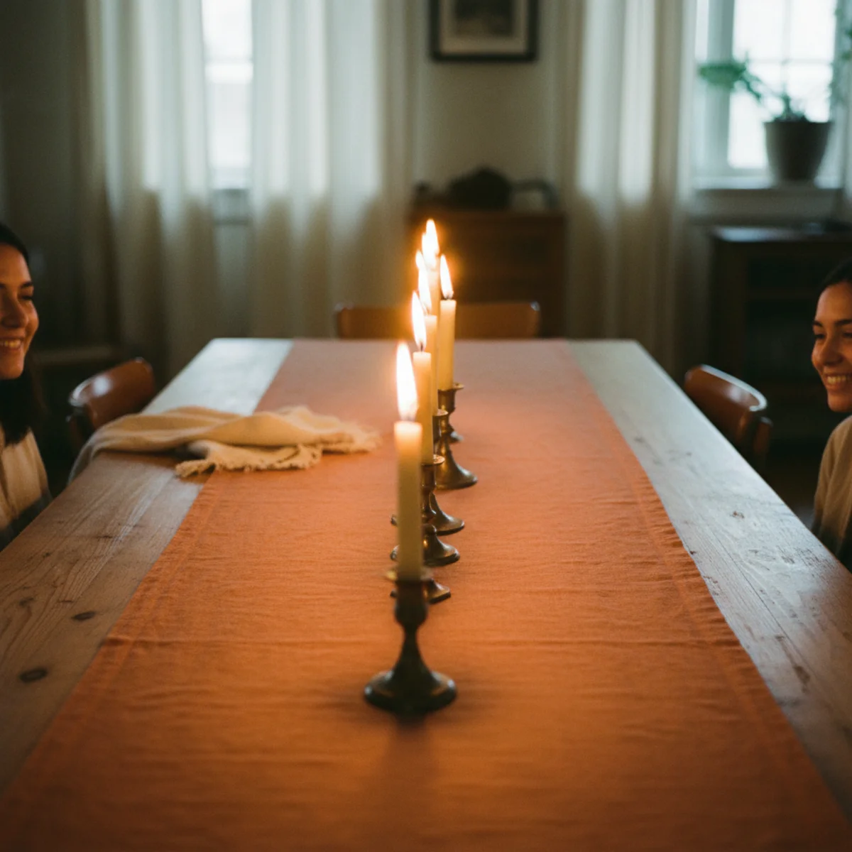 Candle styling — line of six taper candles in mixed brass holders running down center of dining table with sprigs of greenery and ceramic vessels between them in a warm dining room — Home Decor Aura
