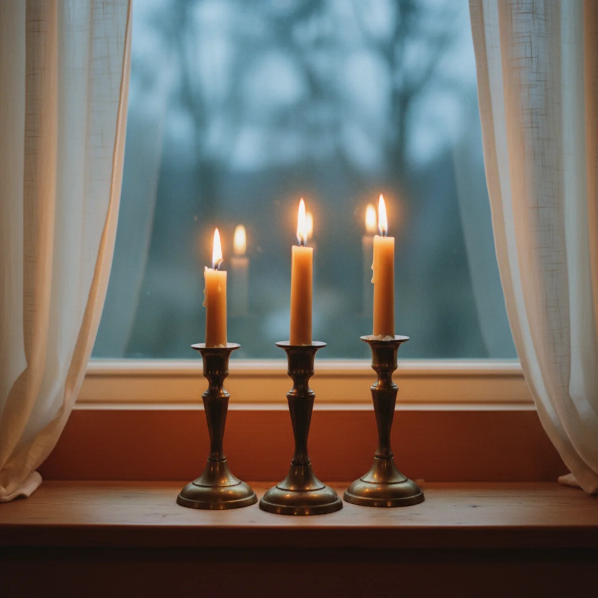 Candle styling — cluster of five candles on a windowsill at dusk reflecting in the darkening window glass and creating doubled glow visible both inside and from outside the warm winter room — Home Decor Aura