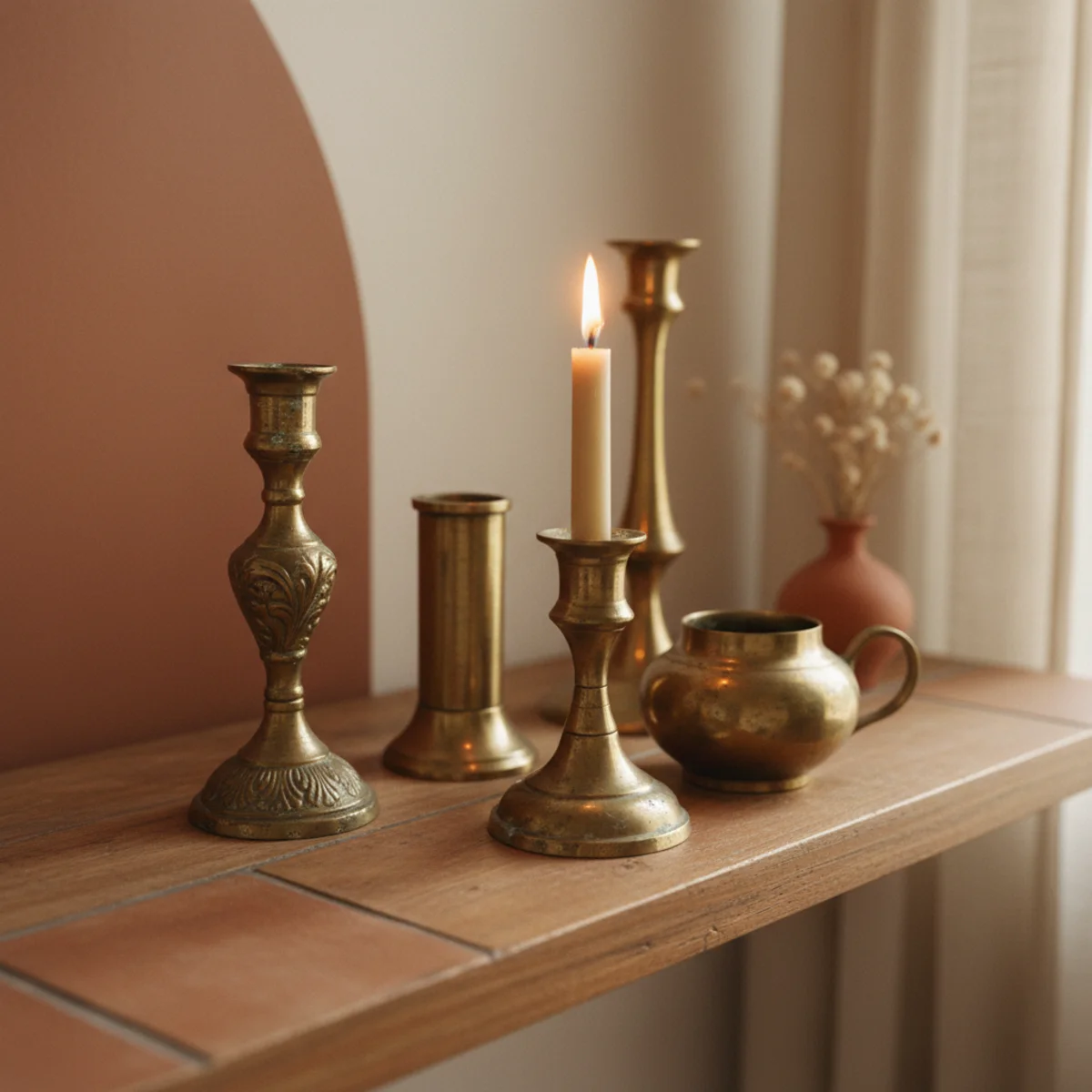 Candle styling — collection of five vintage brass candle holders with natural patina holding tapers and a pillar on a wooden tray in a warm interior — Home Decor Aura