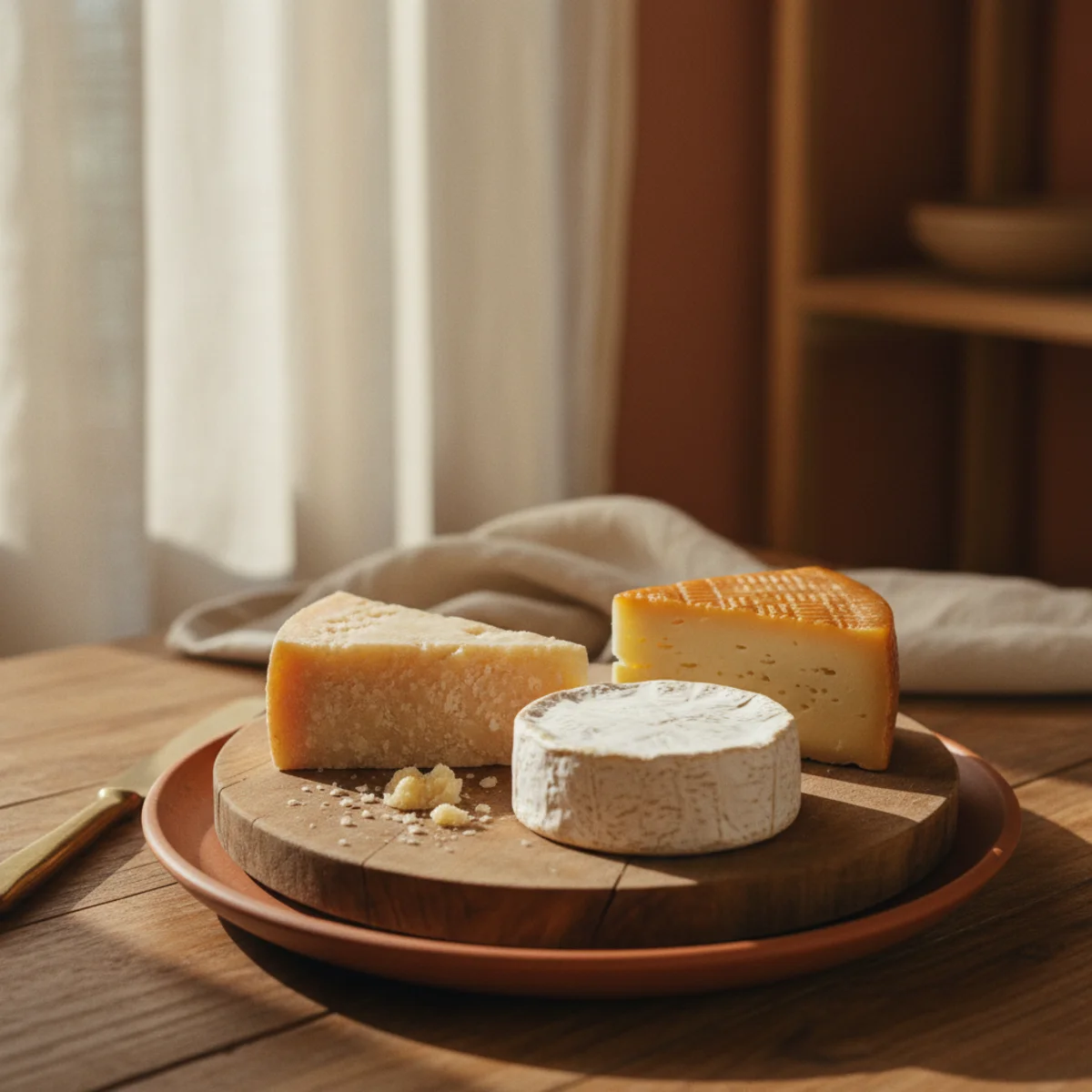 Cheese board ideas — three cheeses on a wooden board showing soft brie, semi-firm manchego, and aged Parmigiano representing the three texture categories — Home Decor Aura