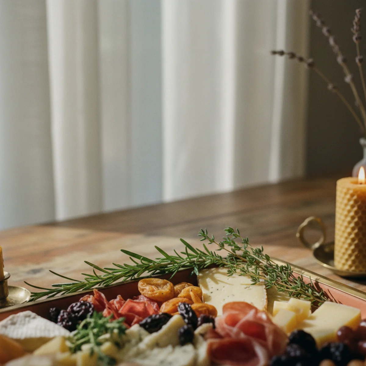 Cheese board ideas — fresh rosemary sprigs and thyme tucked between components on a fully assembled cheese board — Home Decor Aura
