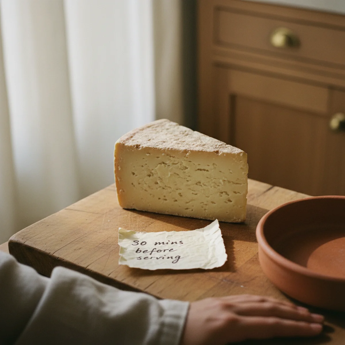 Cheese board ideas — cheese board components coming to room temperature with a brie wheel showing the soft yielding texture that full room temperature produces — Home Decor Aura