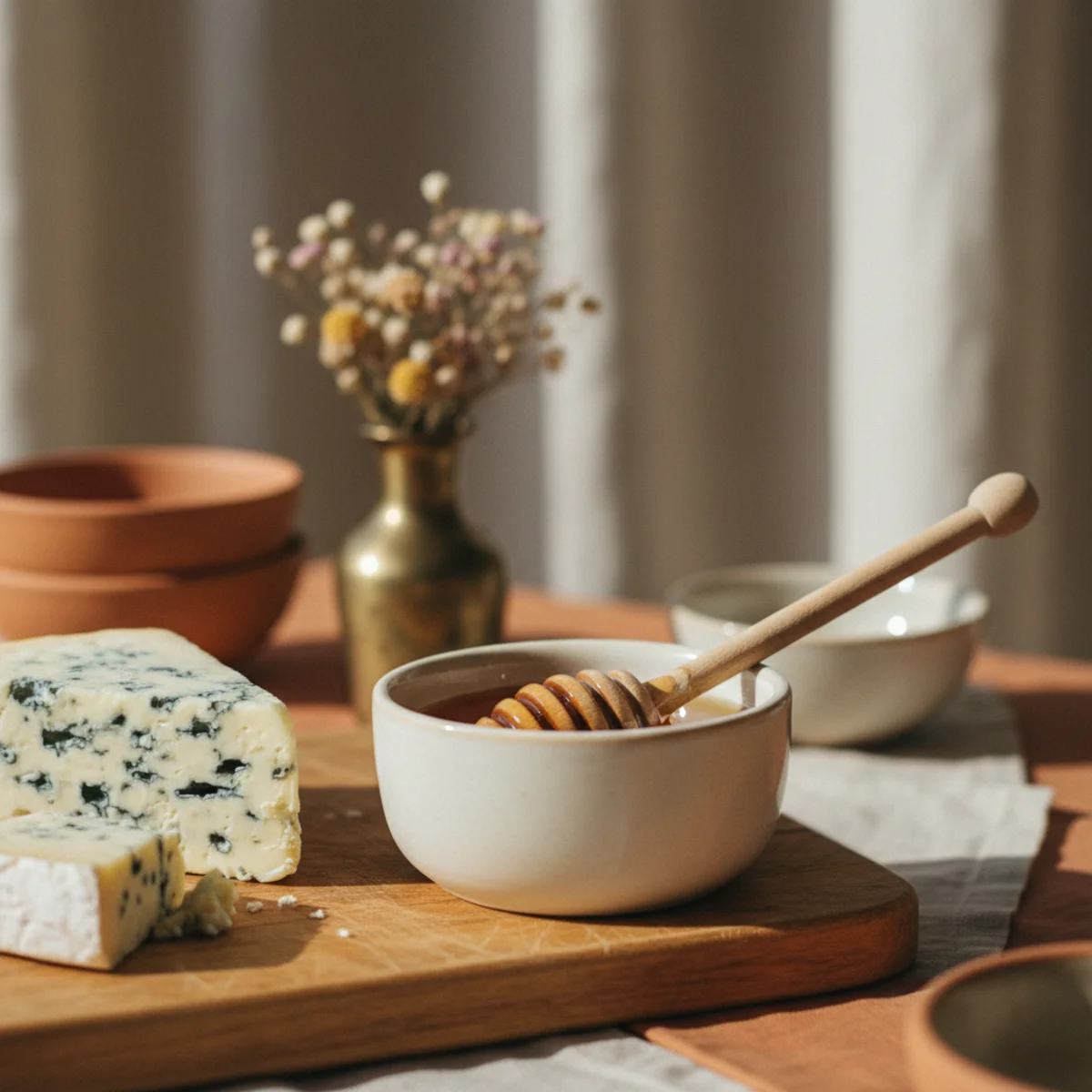 Cheese board ideas — small ceramic honey pot with honey dipper beside a section of honeycomb on a cheese board — Home Decor Aura