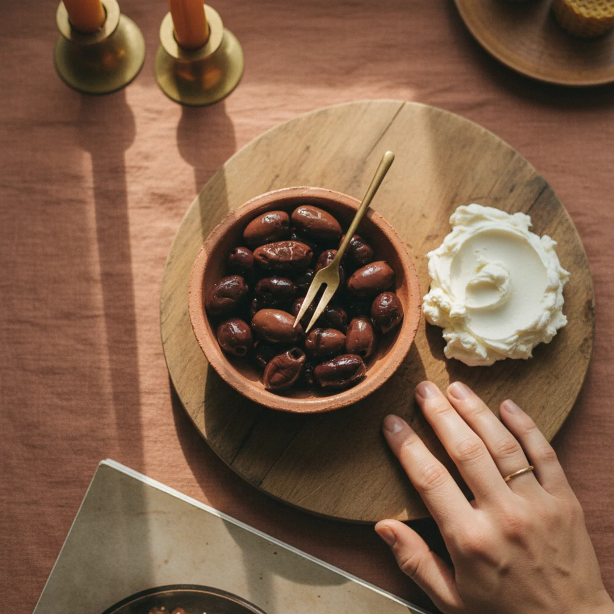 Cheese board ideas — small ceramic ramekin with cornichons and small dish with castelvetrano olives on a cheese board providing the briny acid contrast — Home Decor Aura