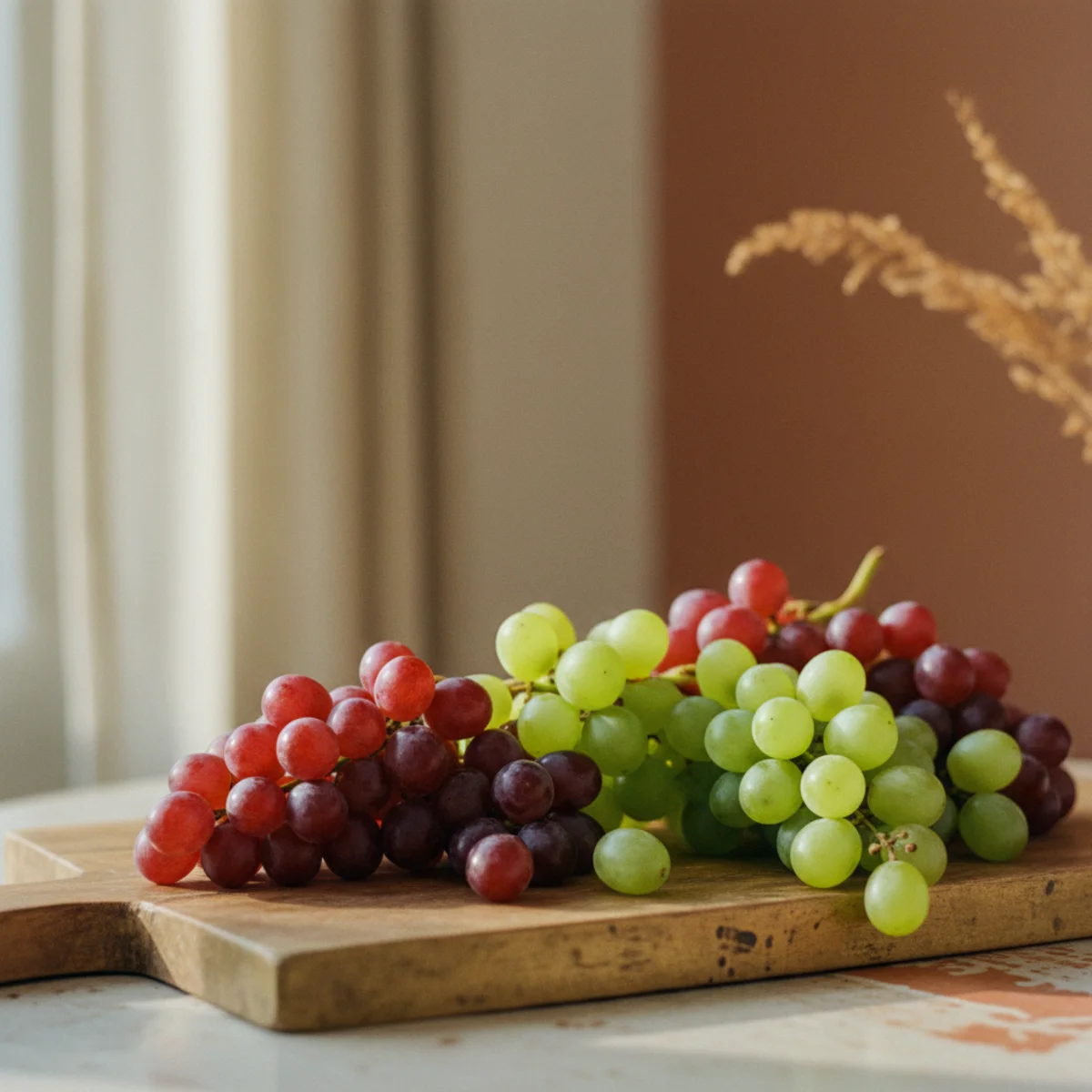 Cheese board ideas — clusters of red and green grapes and halved fresh figs arranged on a cheese board providing vivid color and fresh fruit contrast — Home Decor Aura