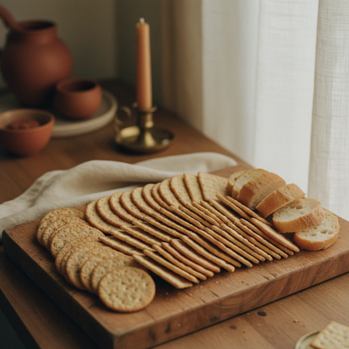 Cheese board ideas — plain water crackers in upright fan, seeded crackers in cluster, and baguette slices in small basket beside board — Home Decor Aura
