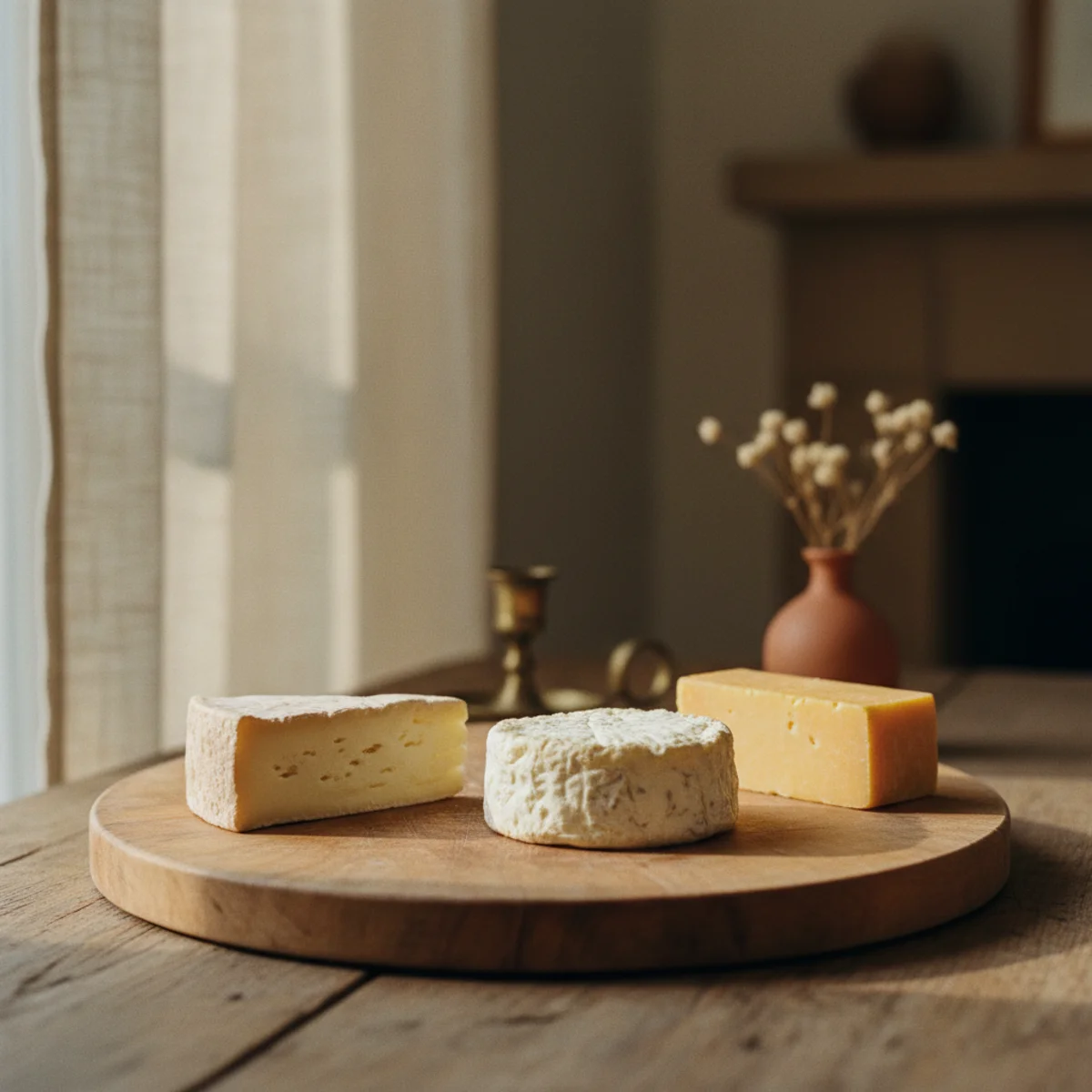 Cheese board ideas — three cheeses positioned across a wooden board with space between each before other components are added showing the foundation placement — Home Decor Aura