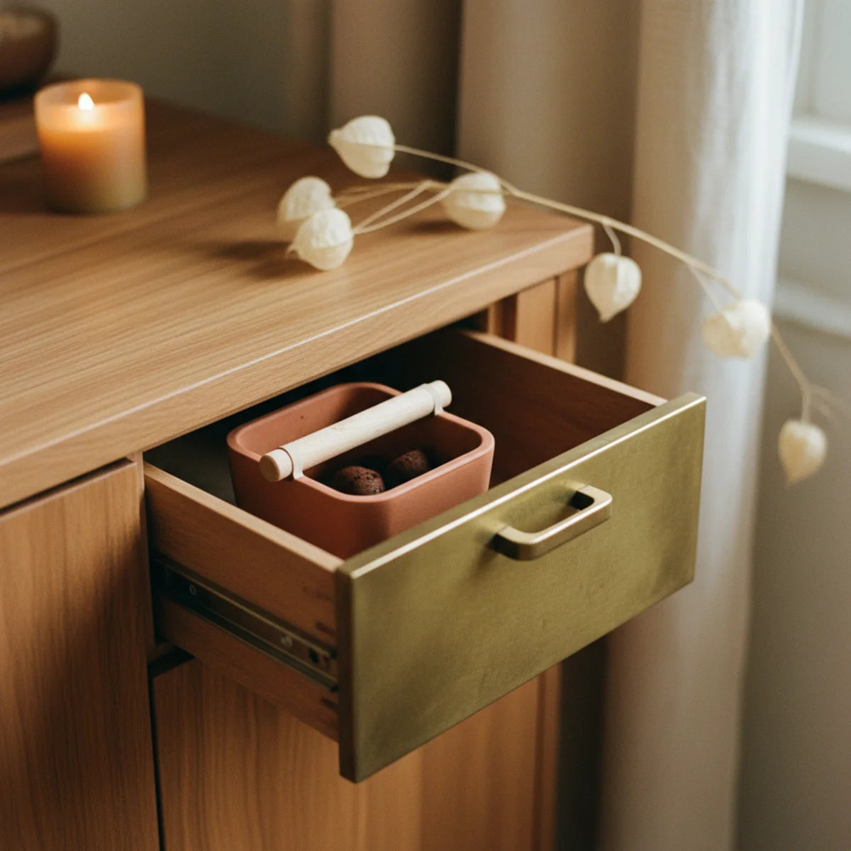 Coffee bar cabinet — narrow waste drawer pulled open from lower section of coffee cabinet showing knock-box container with rubber dowel for espresso grounds — Home Decor Aura