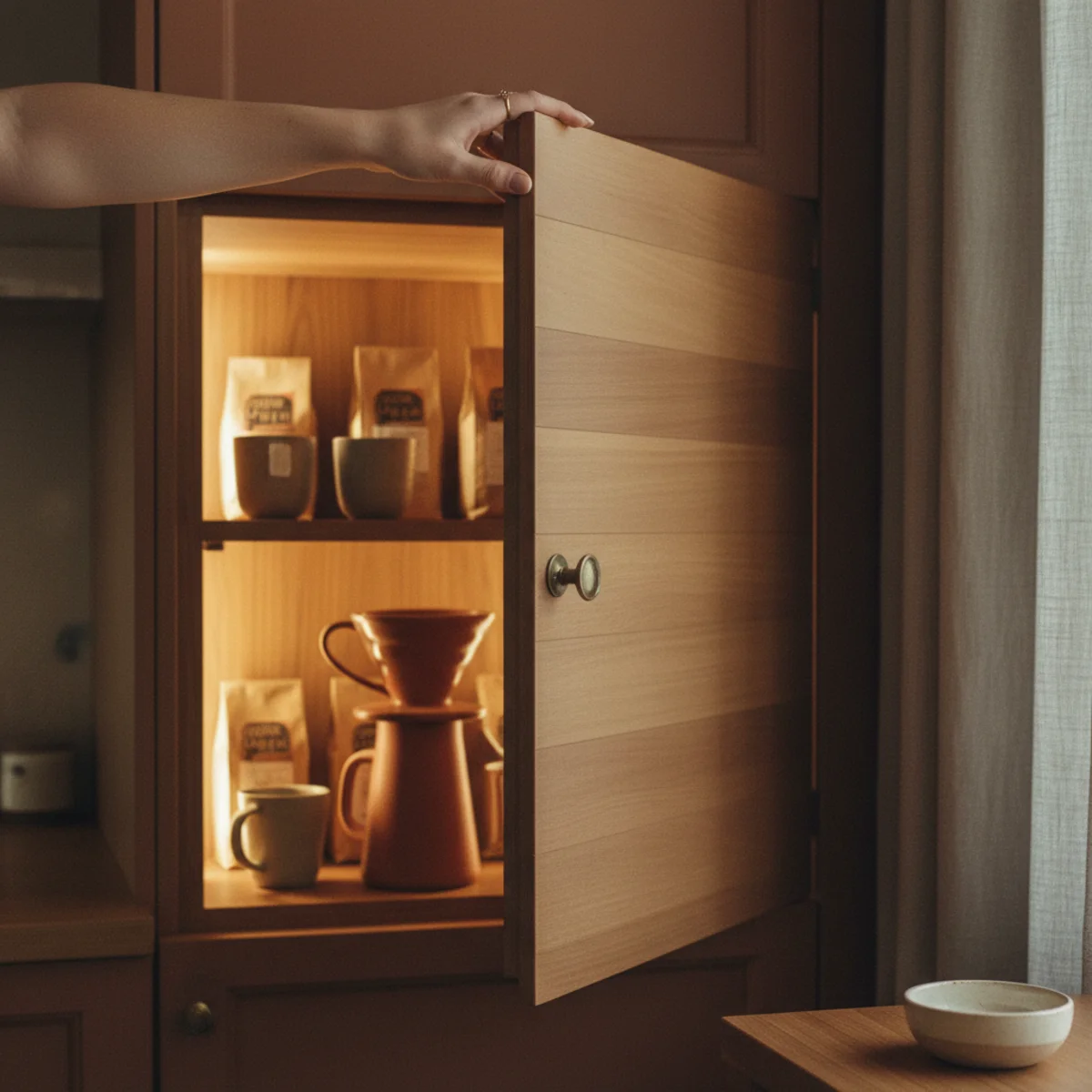 Coffee bar cabinet — coffee cabinet door opening to reveal automatically-triggered warm LED interior light illuminating hung mugs, Chemex, and warm tile backdrop — Home Decor Aura