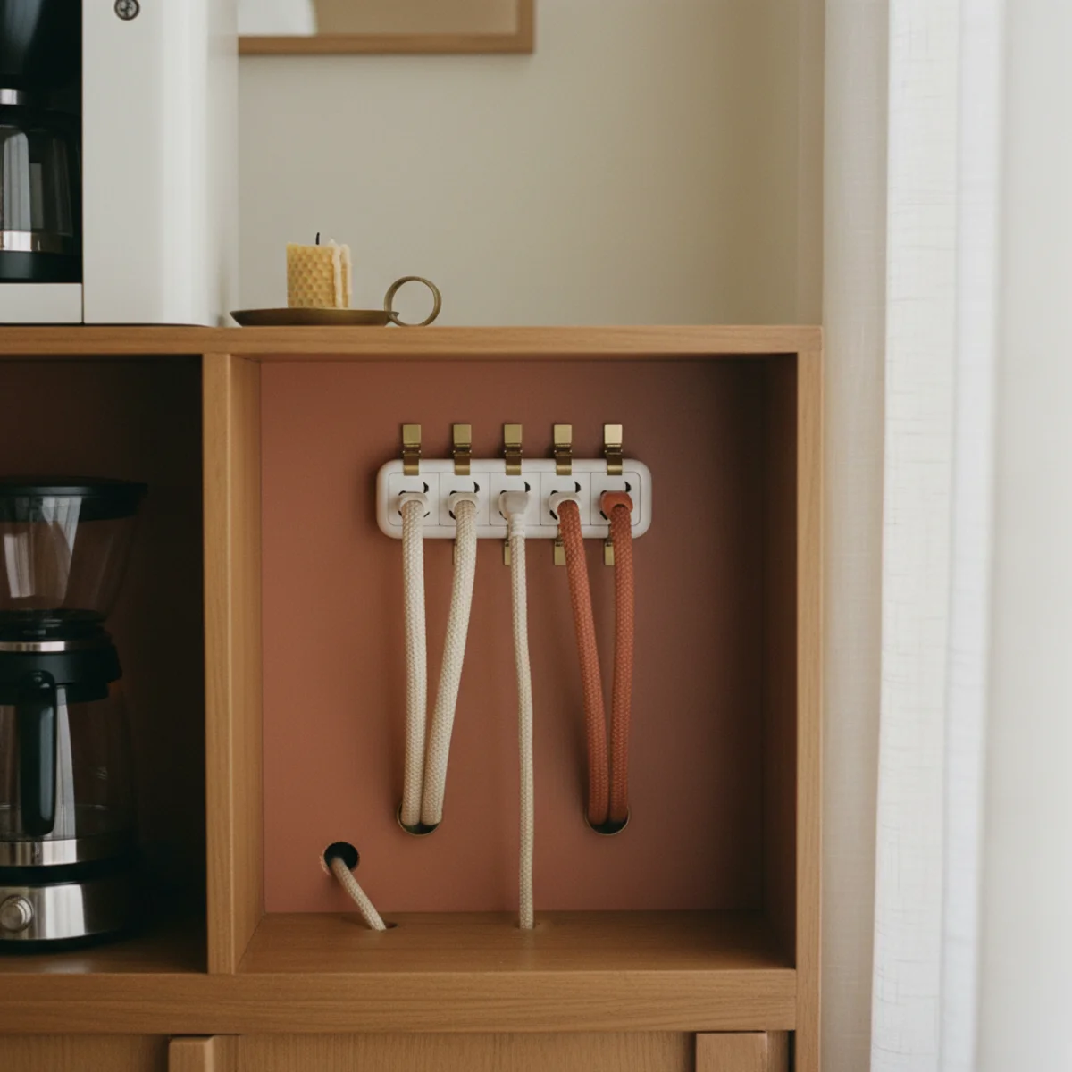 Coffee bar cabinet — inside of coffee cabinet showing power strip mounted on back wall with all appliance cords neatly routed inside the cabinet — Home Decor Aura