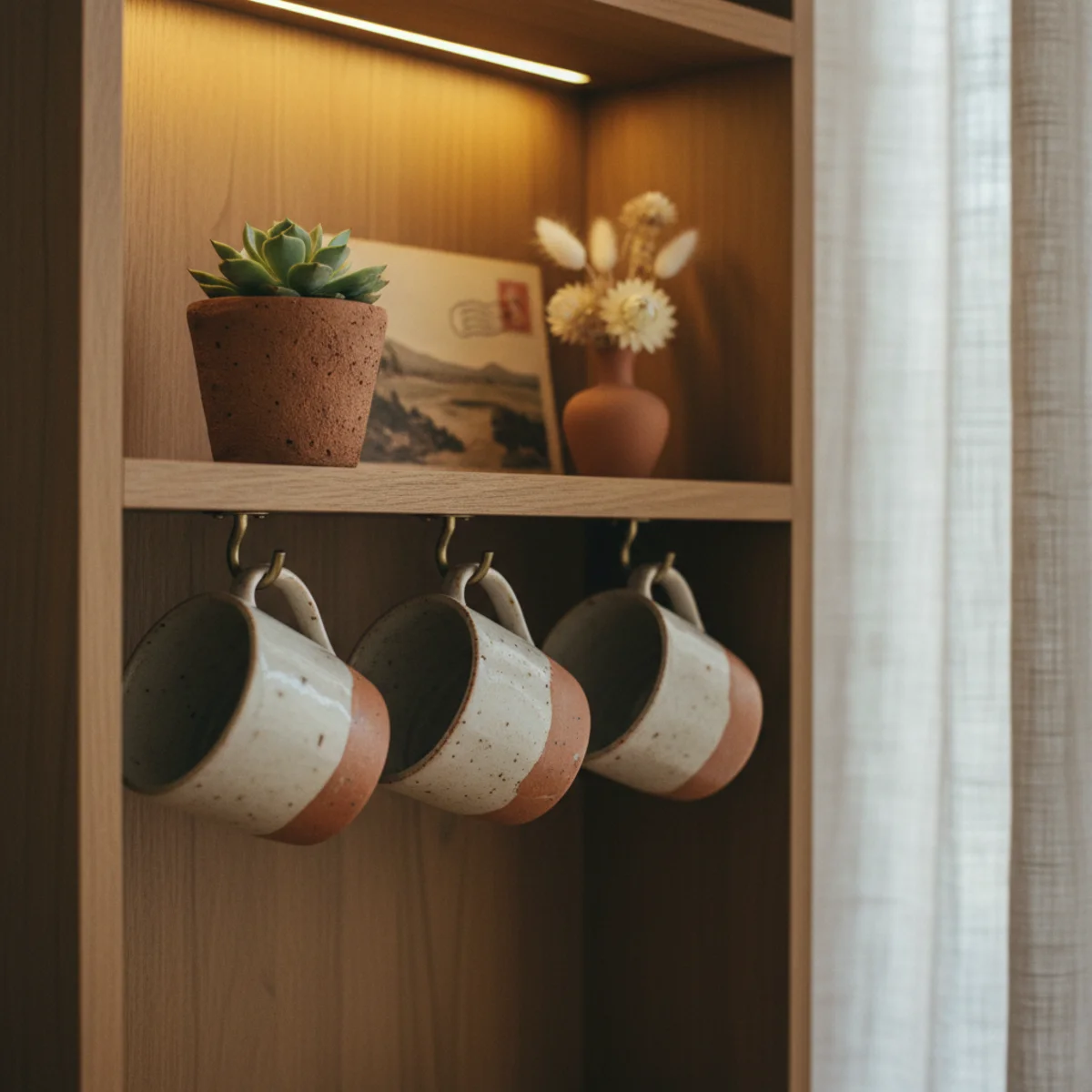 Coffee bar cabinet — interior of open coffee cabinet showing mugs hanging from brass cup hooks, small plant on interior shelf, and leaned print with Chemex and ceramic canister below — Home Decor Aura