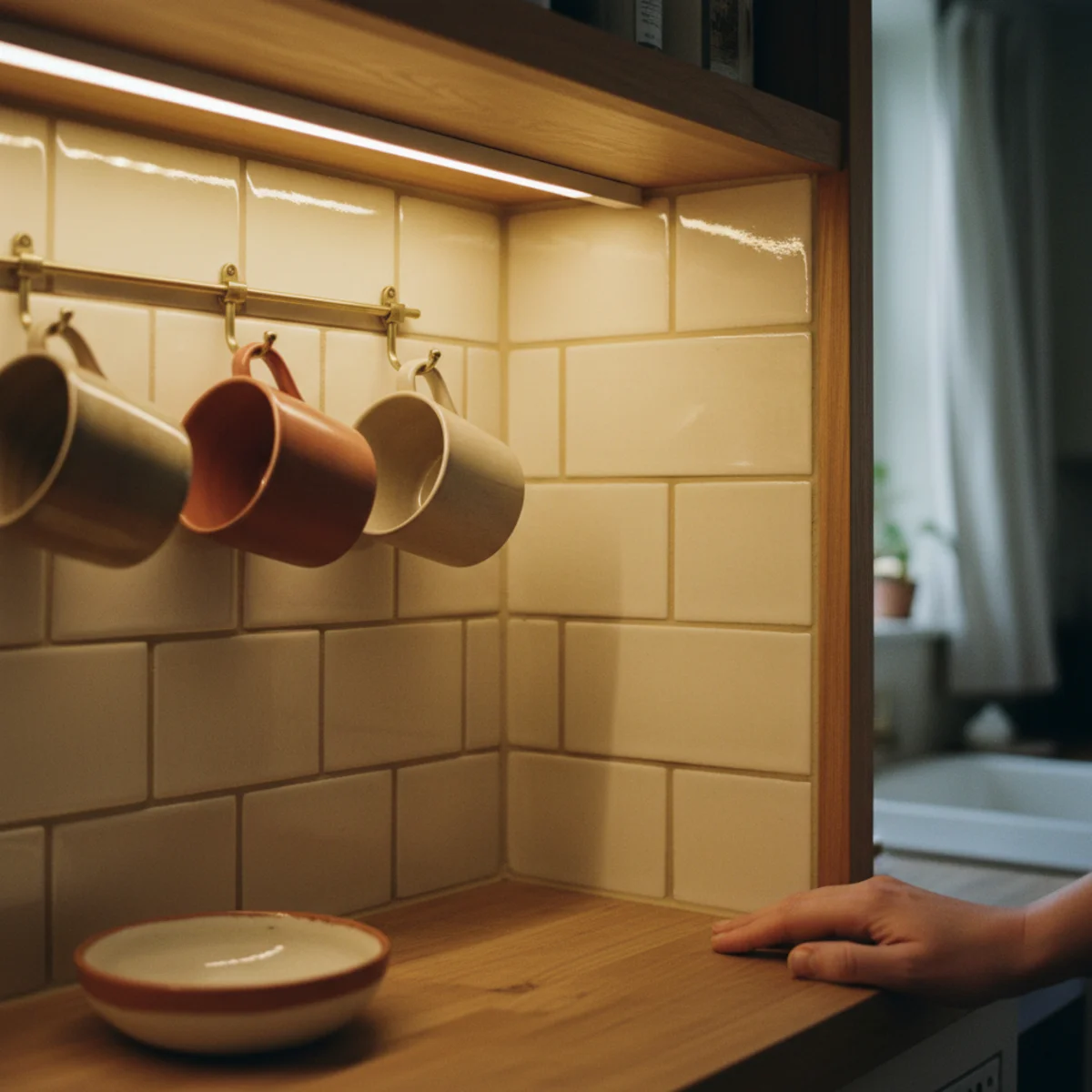 Coffee bar cabinet — inside of coffee cabinet showing warm cream subway tile on back panel as the backdrop for hung mugs, Chemex, and ceramic canister — Home Decor Aura