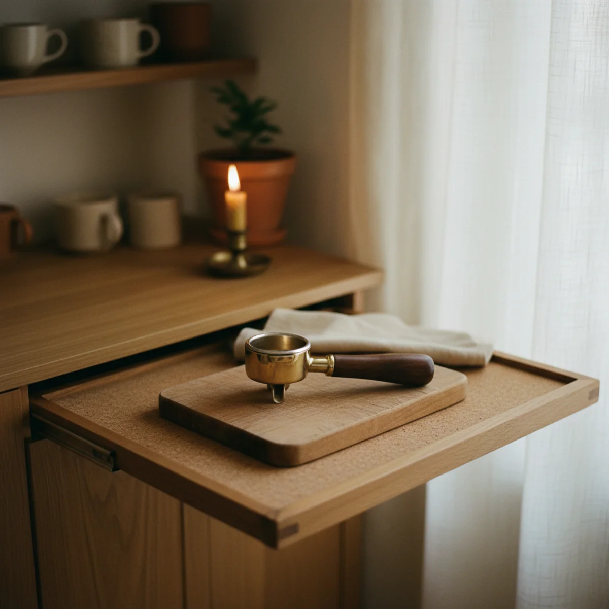 Coffee bar cabinet — pull-out shelf extended from base of coffee cabinet upper section showing preparation surface for espresso tamping and cup staging — Home Decor Aura