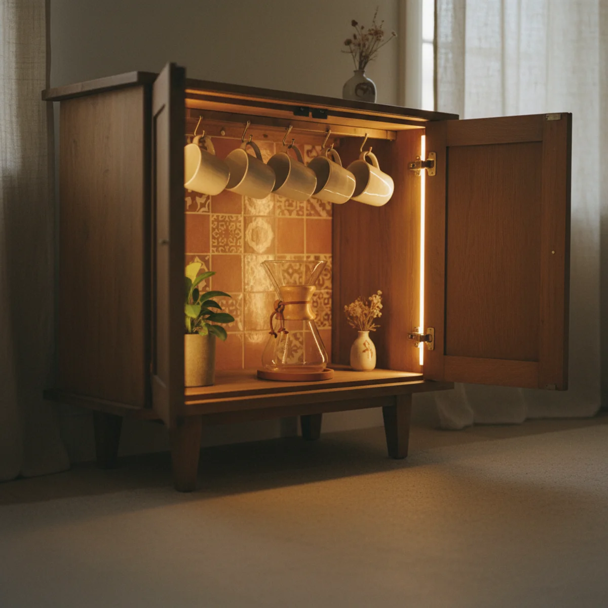 Coffee bar cabinet — fully open coffee cabinet reveal showing Chemex anchor below, mugs on brass hooks above, small plant at middle shelf, and warm interior LED illuminating the whole composed stage — Home Decor Aura