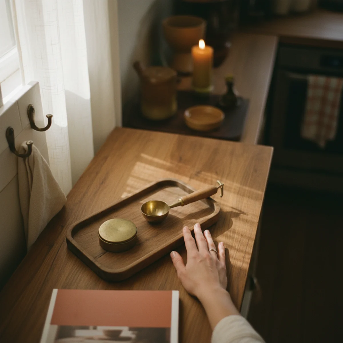 Coffee bar ideas — brass espresso tamper, olive wood spoon, and wooden cutting board leaning beside an espresso machine — Home Decor Aura