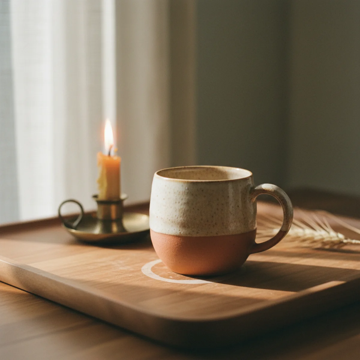 Coffee bar ideas — small marble slab on a wooden credenza coffee bar with a single ceramic mug placed deliberately as the daily-cup zone — Home Decor Aura