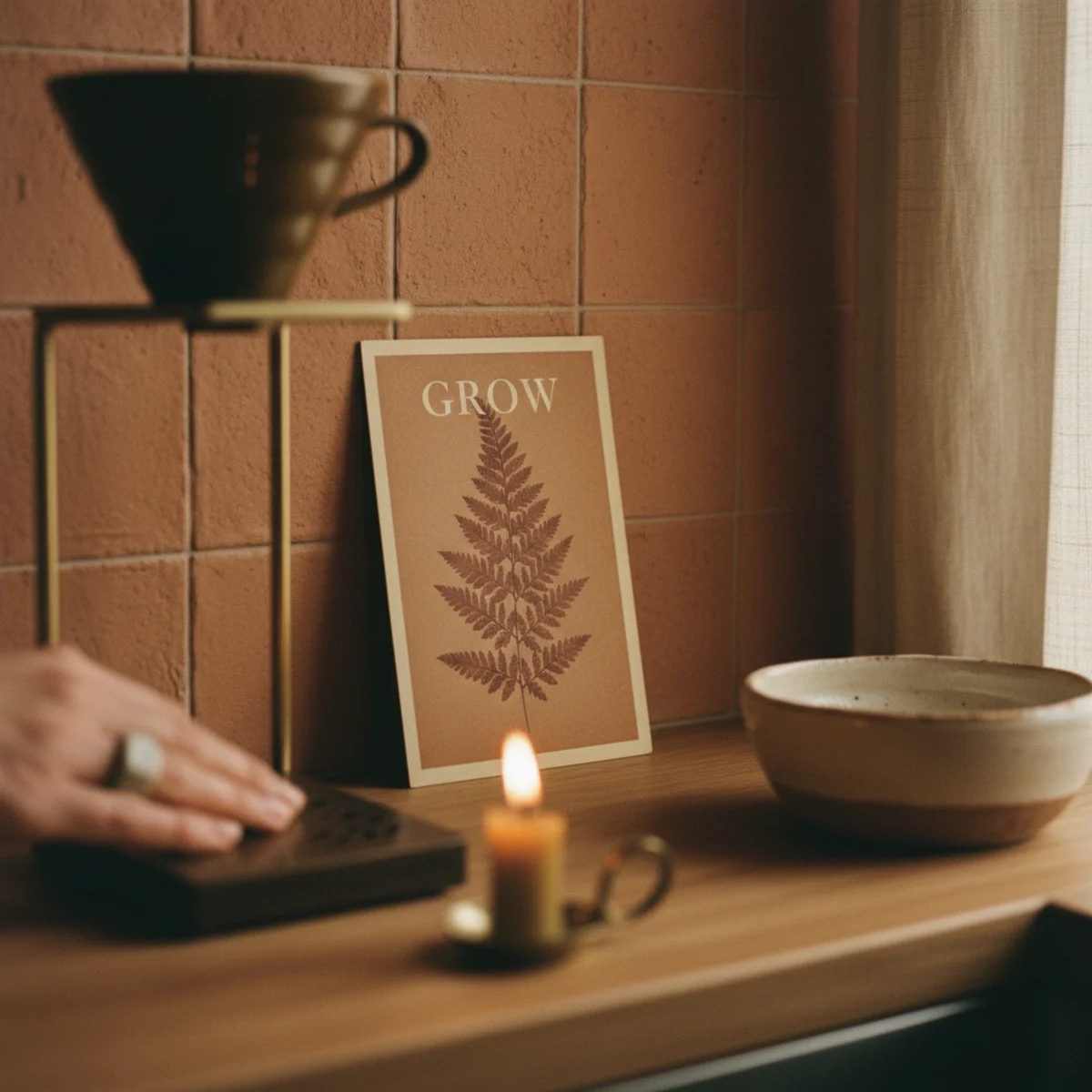 Coffee bar ideas — small framed vintage botanical print leaning against the wall behind an espresso machine and mug hooks — Home Decor Aura