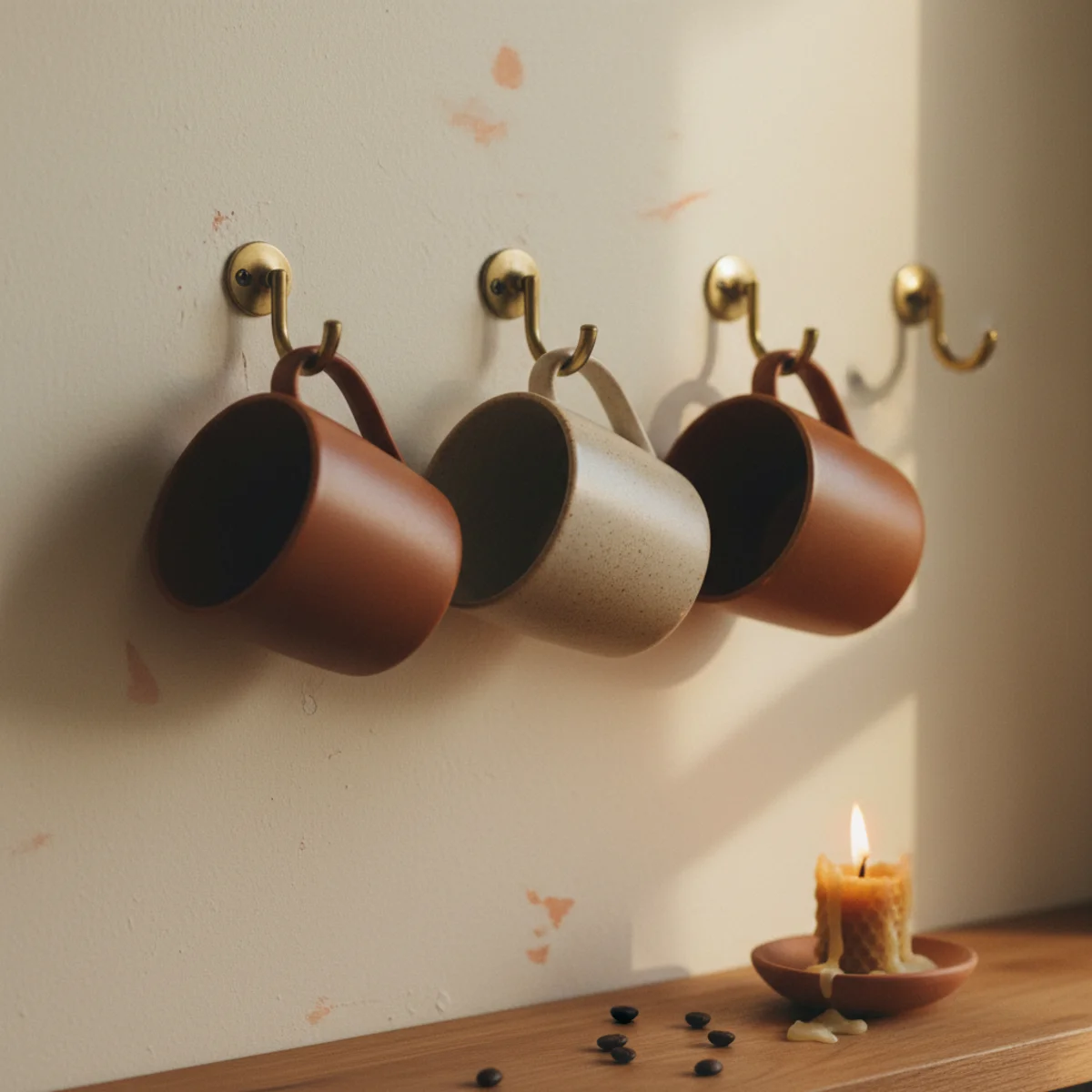 Coffee bar ideas — six mismatched ceramic mugs hung handle-out on hooks beneath an open wood shelf above an espresso machine — Home Decor Aura
