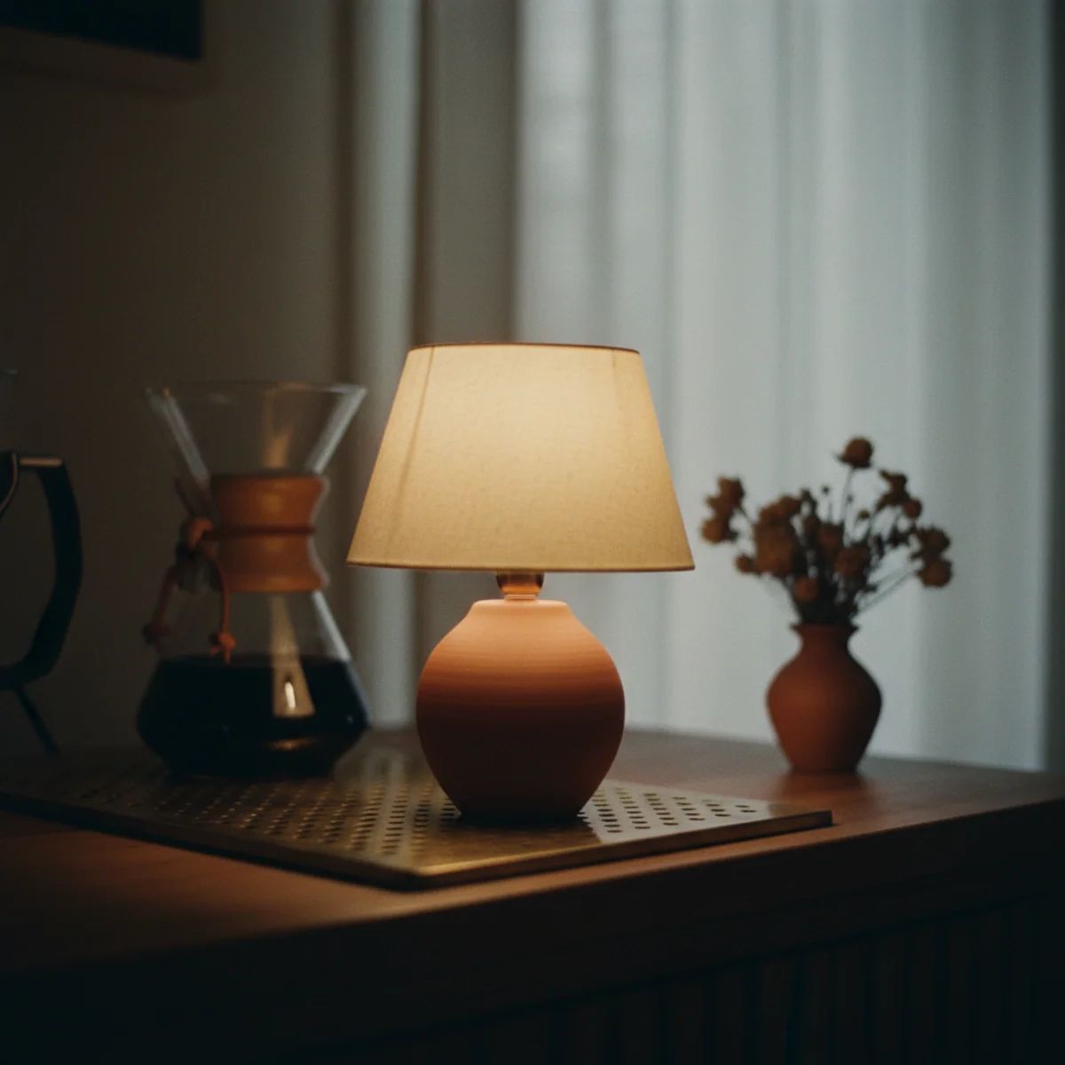 Coffee bar ideas — small brass table lamp at 22 inches glowing warm 2700K beside an espresso machine on a credenza in pre-dawn light — Home Decor Aura
